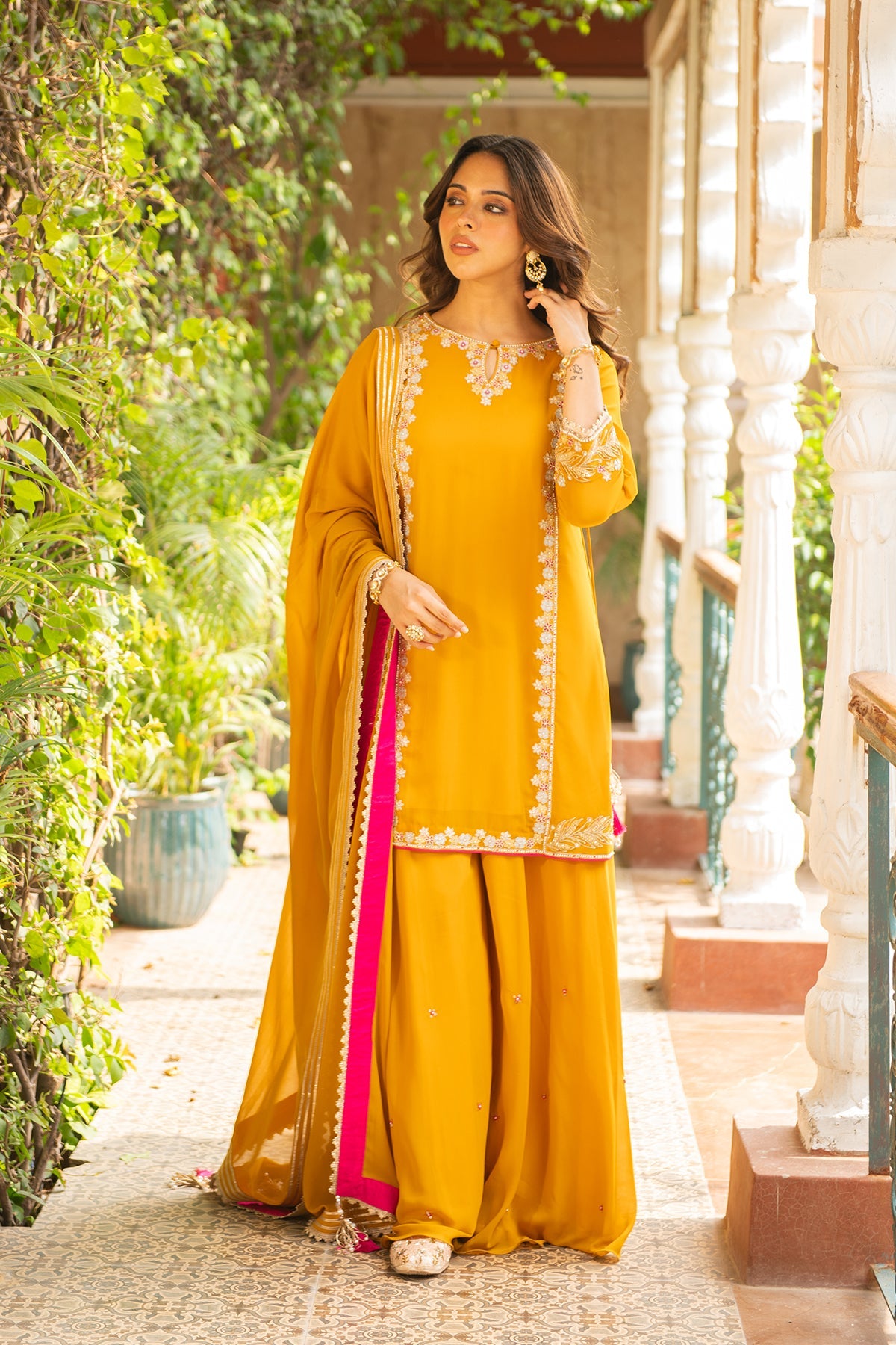 Mustard Georgette Sharara Set with Embroidered Border - Sugandh