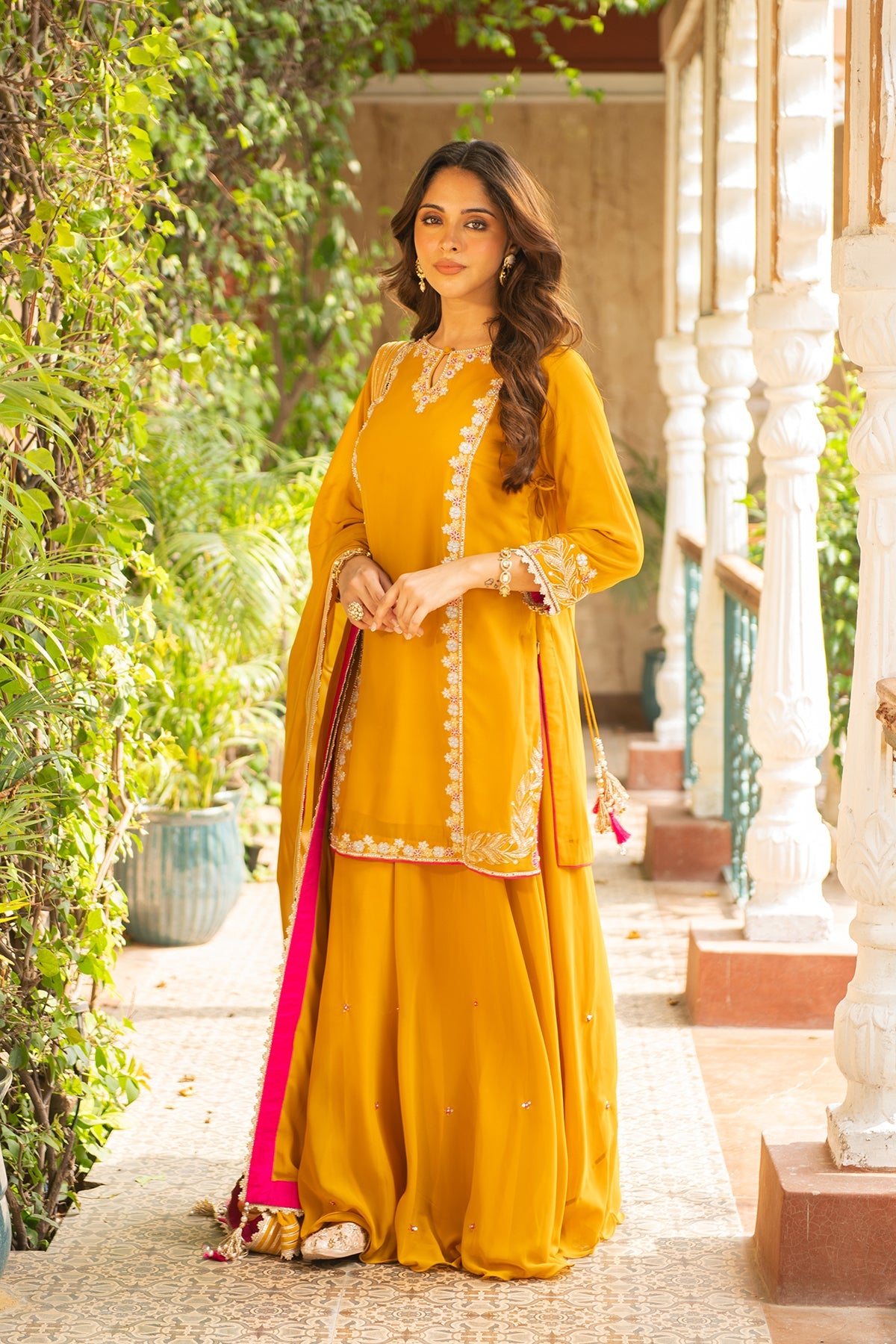Mustard Georgette Sharara Set with Embroidered Border - Sugandh