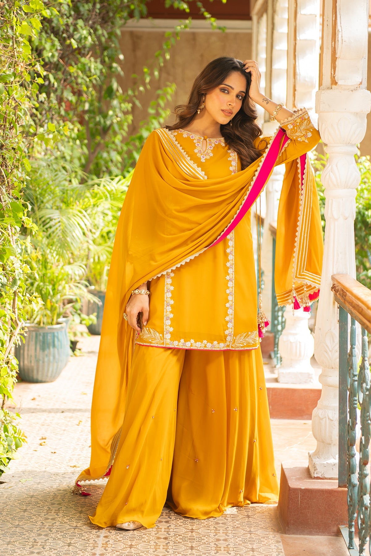 Mustard Georgette Sharara Set with Embroidered Border - Sugandh