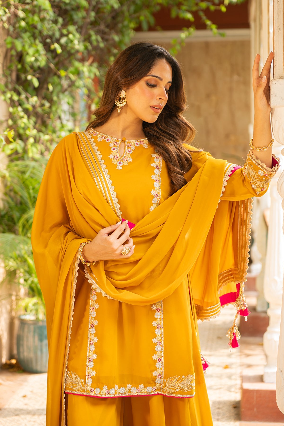 Mustard Georgette Sharara Set with Embroidered Border - Sugandh