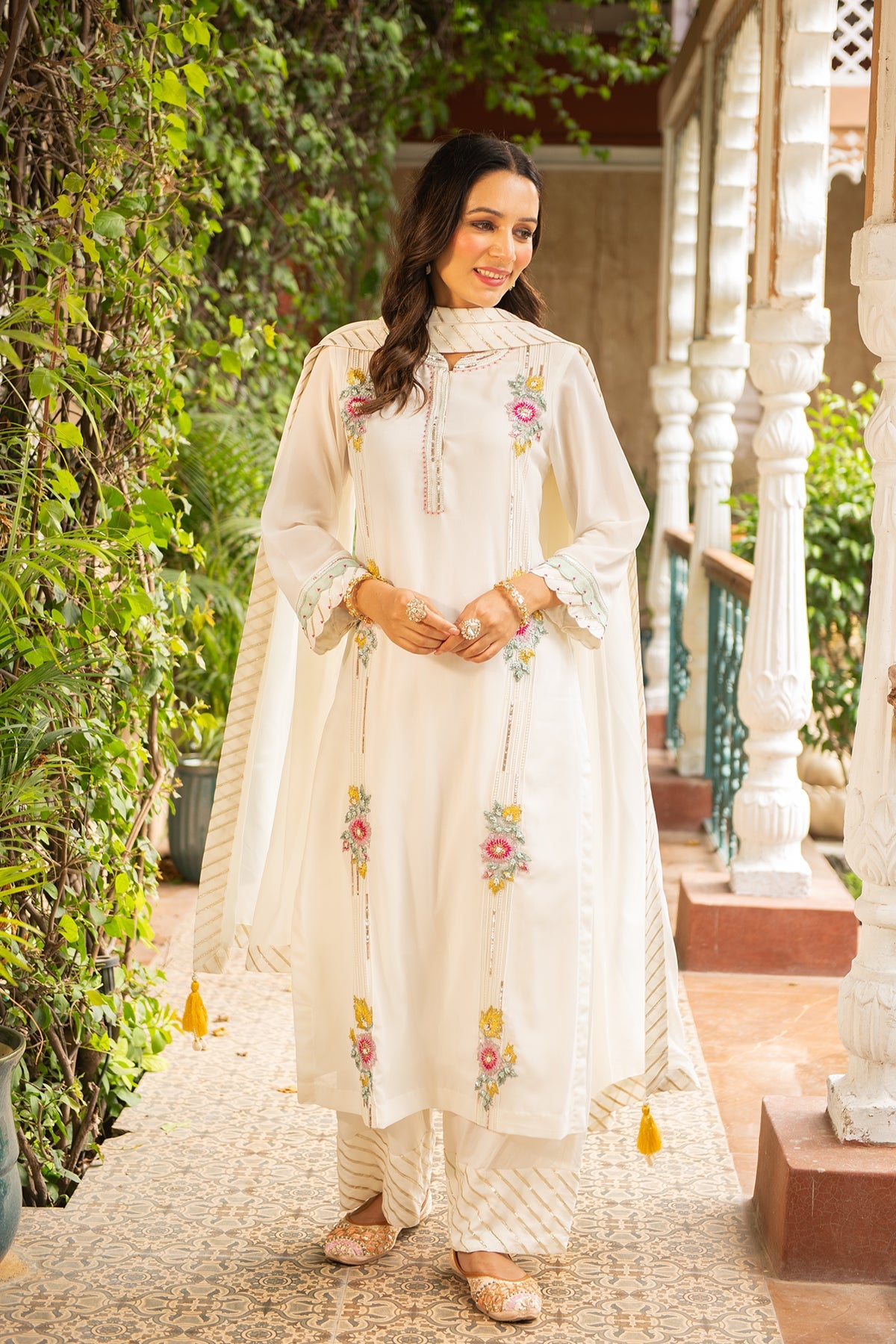 Ivory Embroidered Georgette Straight Kurta Set with Palazzo