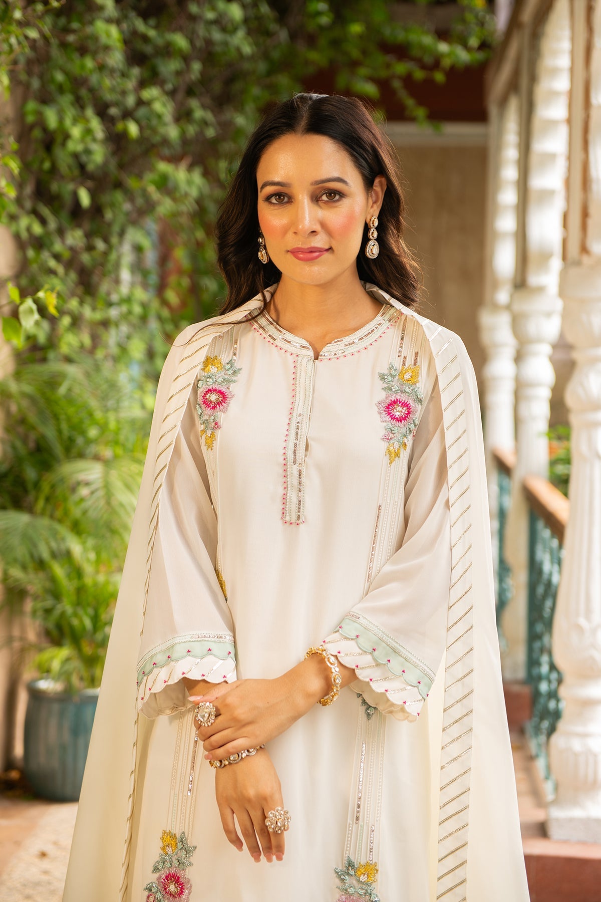 Ivory Embroidered Georgette Straight Kurta Set with Palazzo