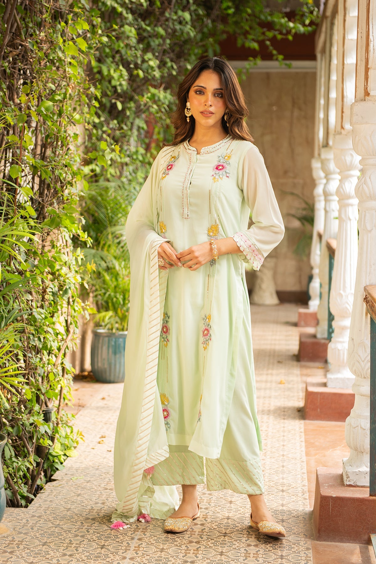 Sea Green Embroidered Georgette Kurta Set with Gota Palazzo