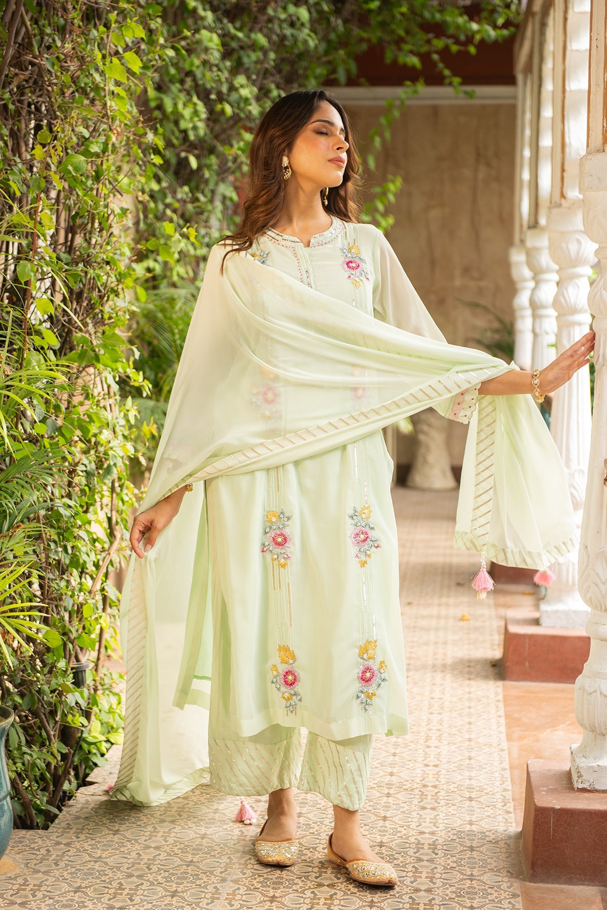 Sea Green Embroidered Georgette Kurta Set with Gota Palazzo