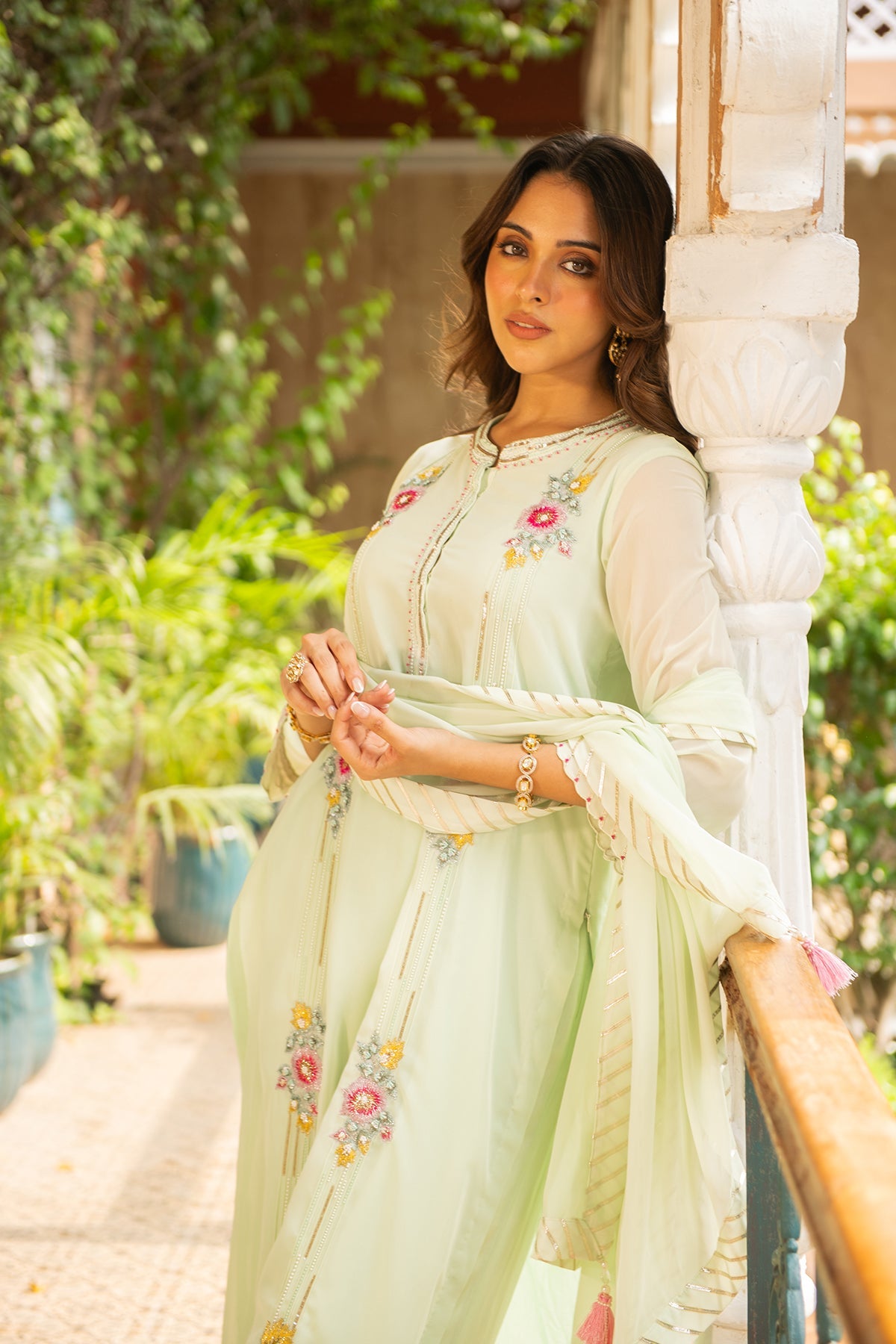 Sea Green Embroidered Georgette Kurta Set with Gota Palazzo