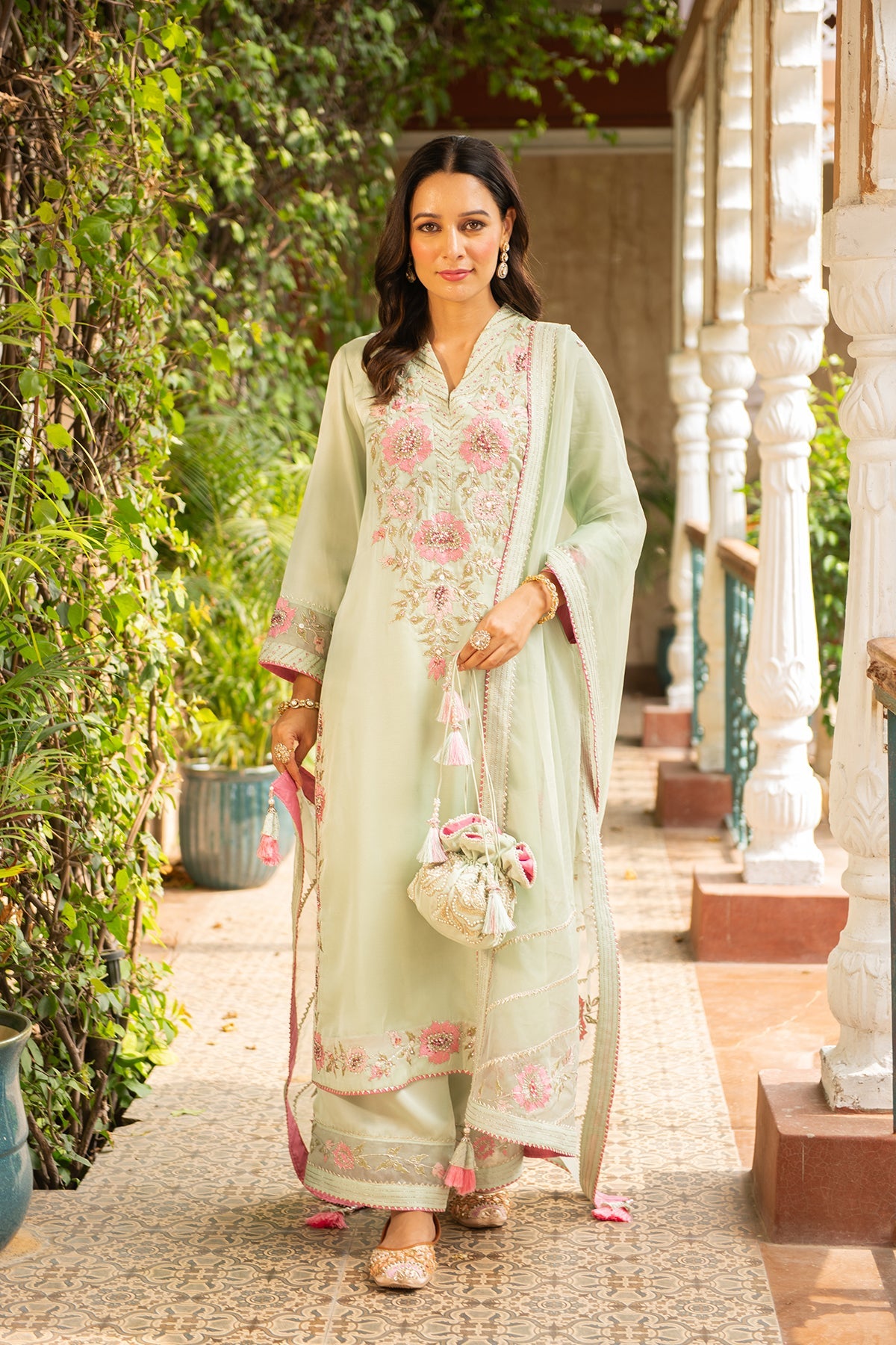 Manya Sea Green Silk Straight Kurta Set with Organza Dupatta