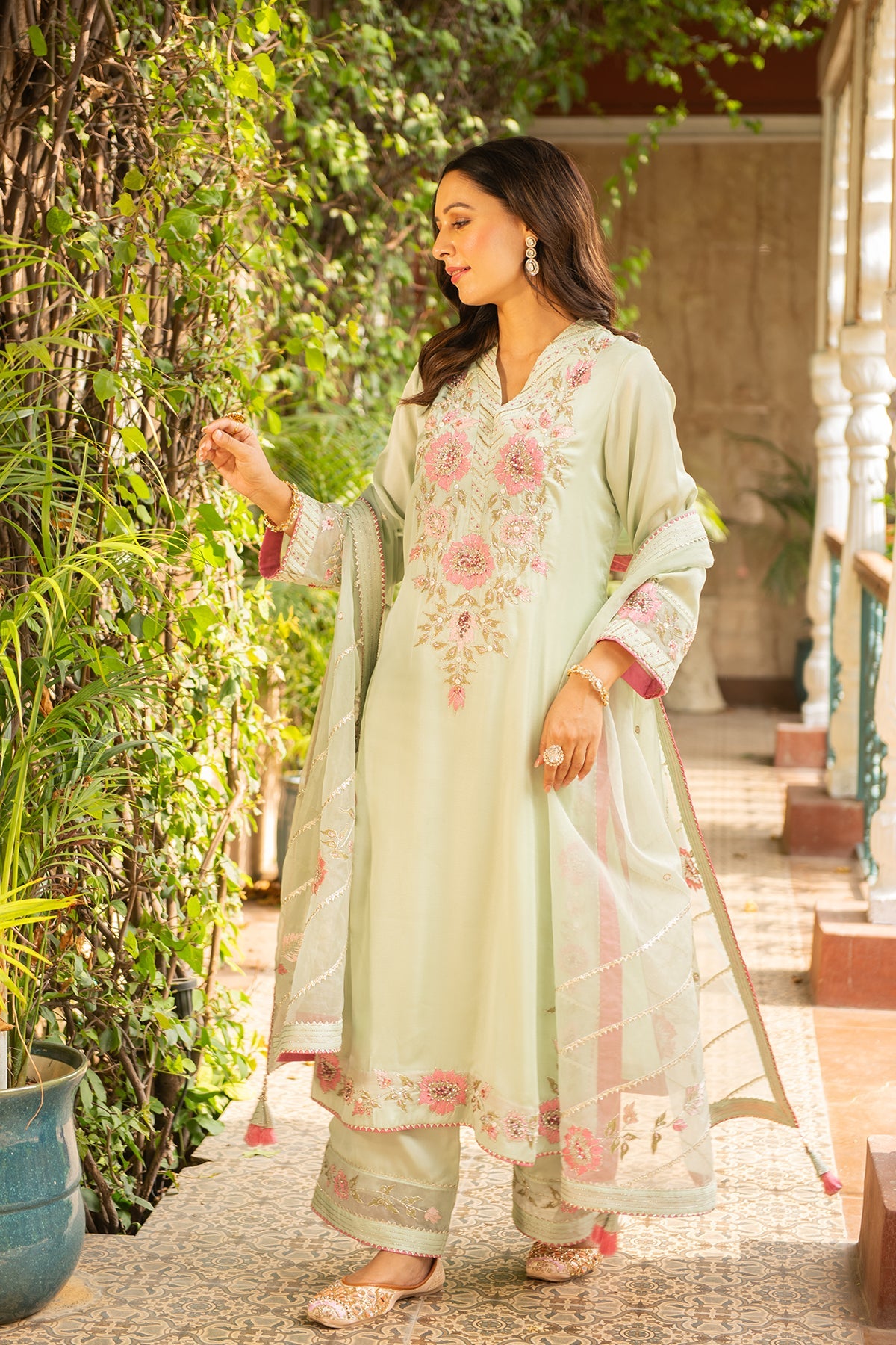 Manya Sea Green Silk Straight Kurta Set with Organza Dupatta