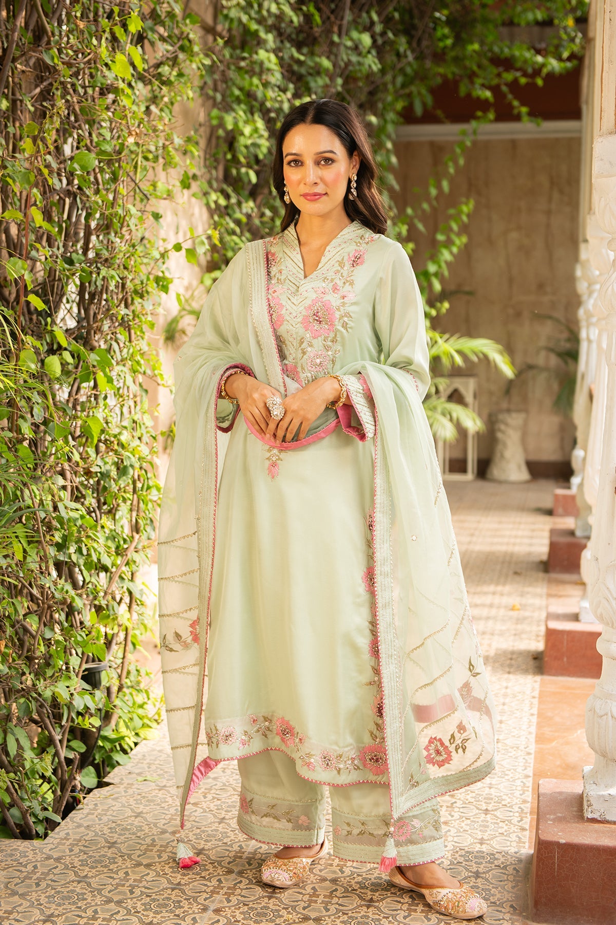 Manya Sea Green Silk Straight Kurta Set with Organza Dupatta