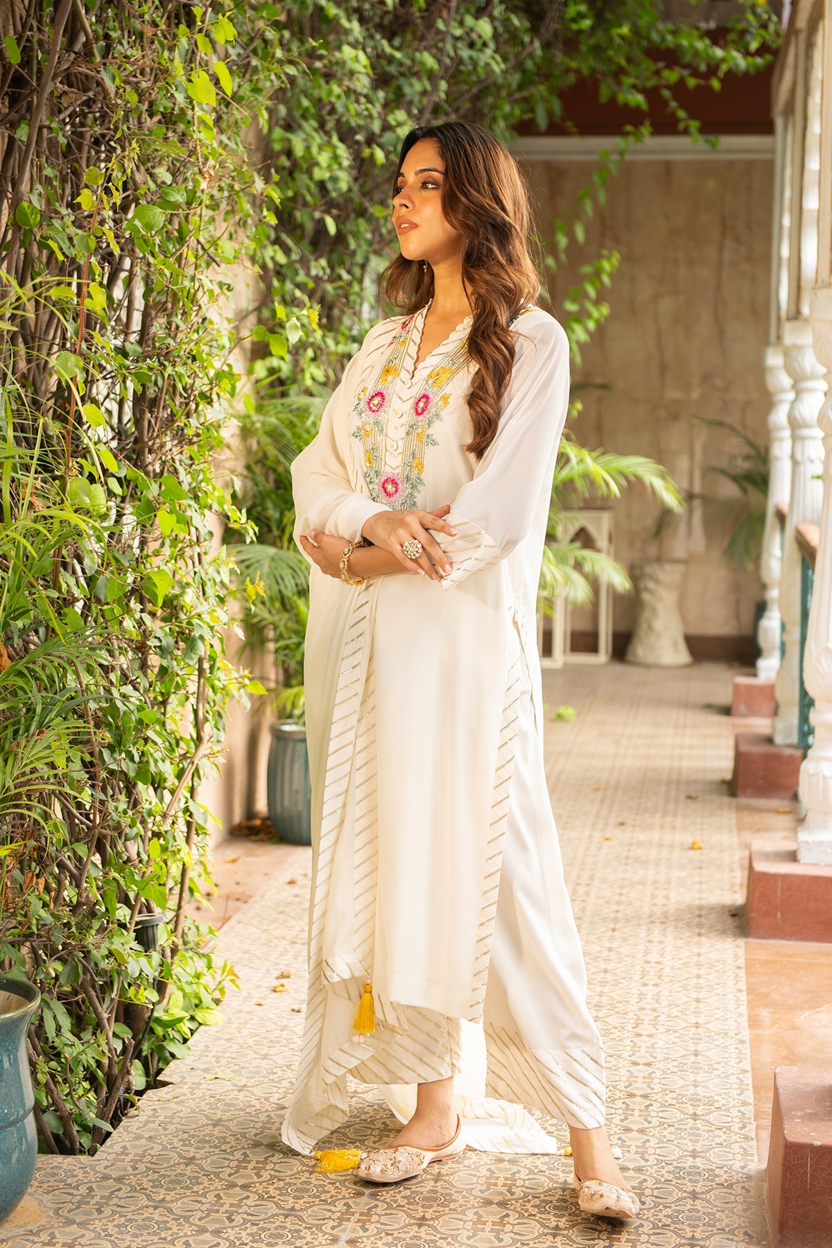 Mehek Ivory Embroidered Straight Kurta with Georgette Dupatta Set