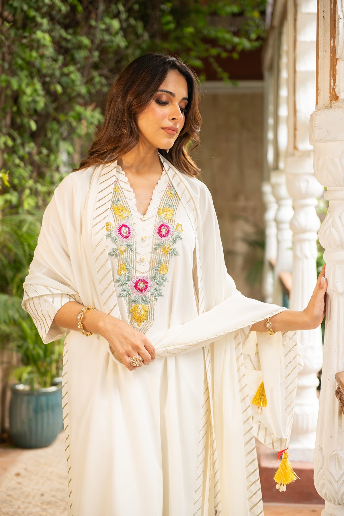 Mehek Ivory Embroidered Straight Kurta with Georgette Dupatta Set