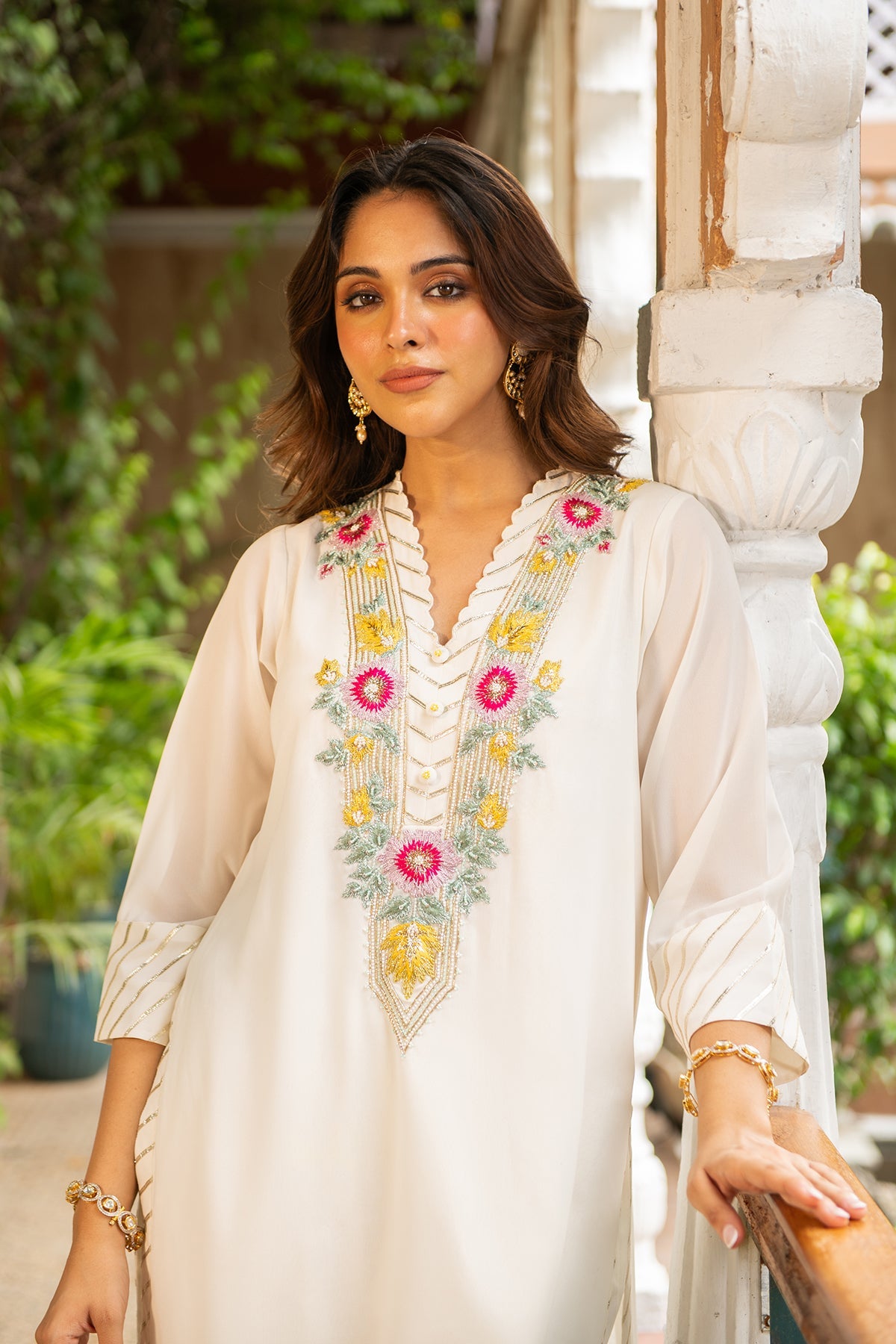Mehek Ivory Embroidered Straight Kurta with Georgette Dupatta Set