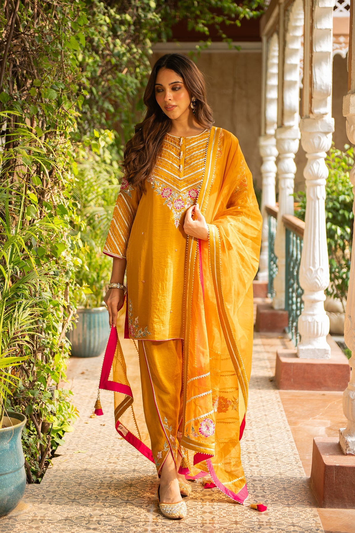 Roop Mustard Embroidered Silk Short Kurta with Dhoti and Dupatta