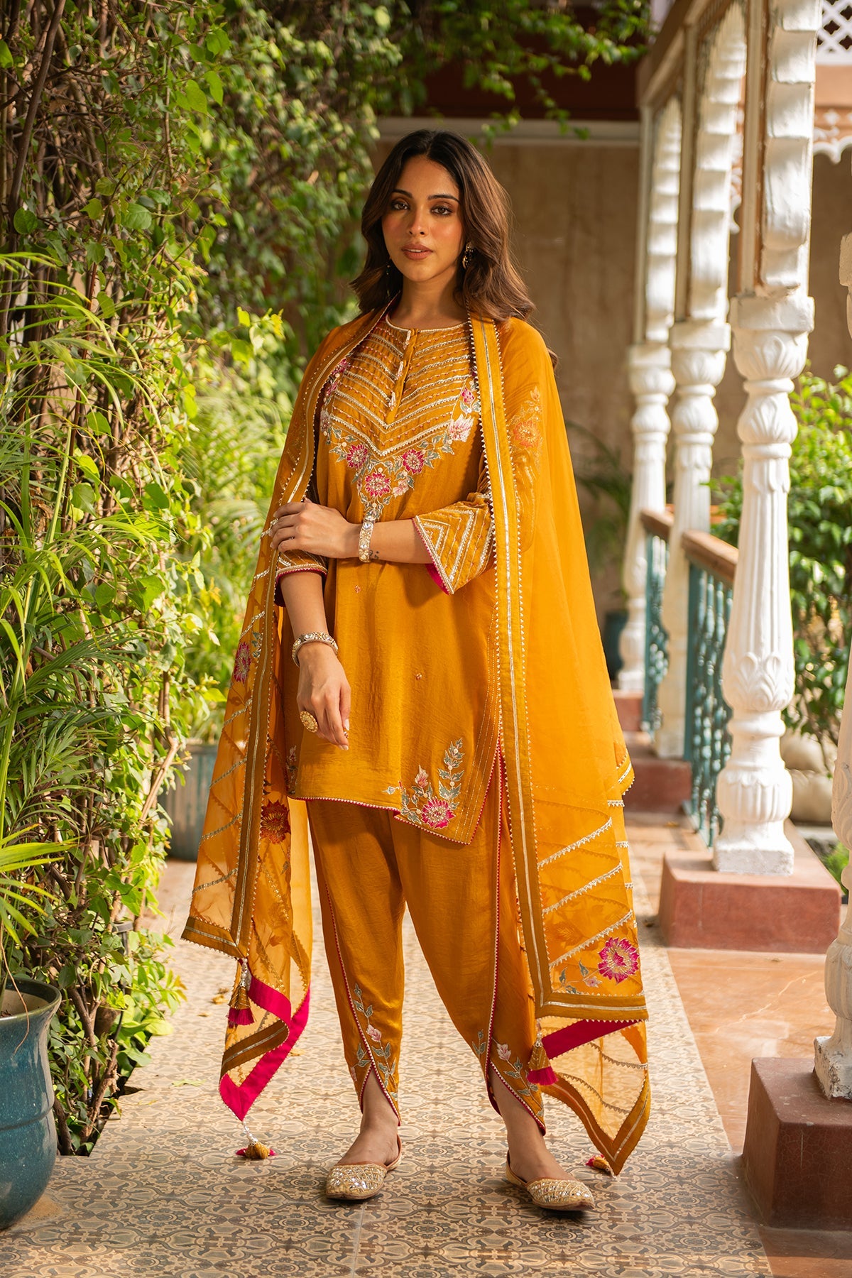 Roop Mustard Embroidered Silk Short Kurta with Dhoti and Dupatta