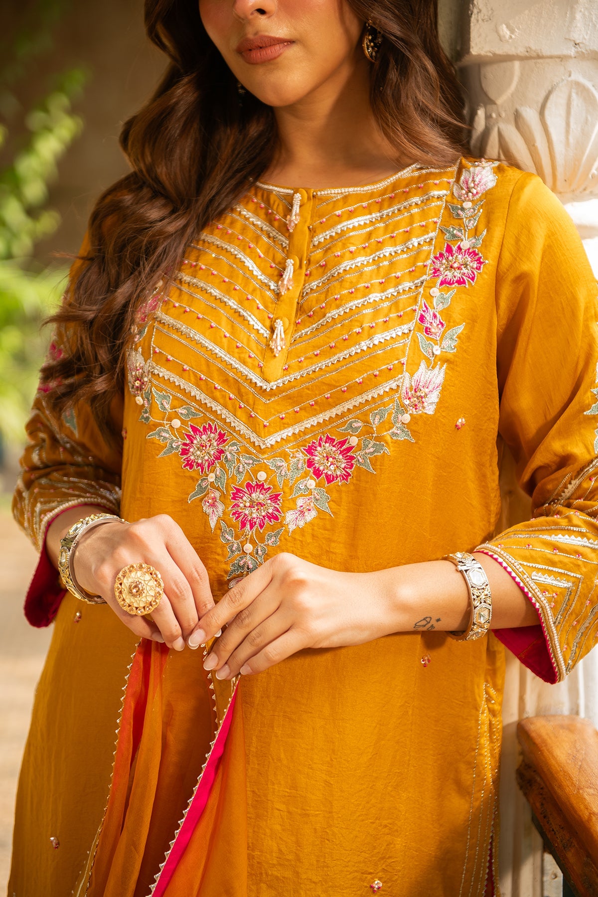 Roop Mustard Embroidered Silk Short Kurta with Dhoti and Dupatta