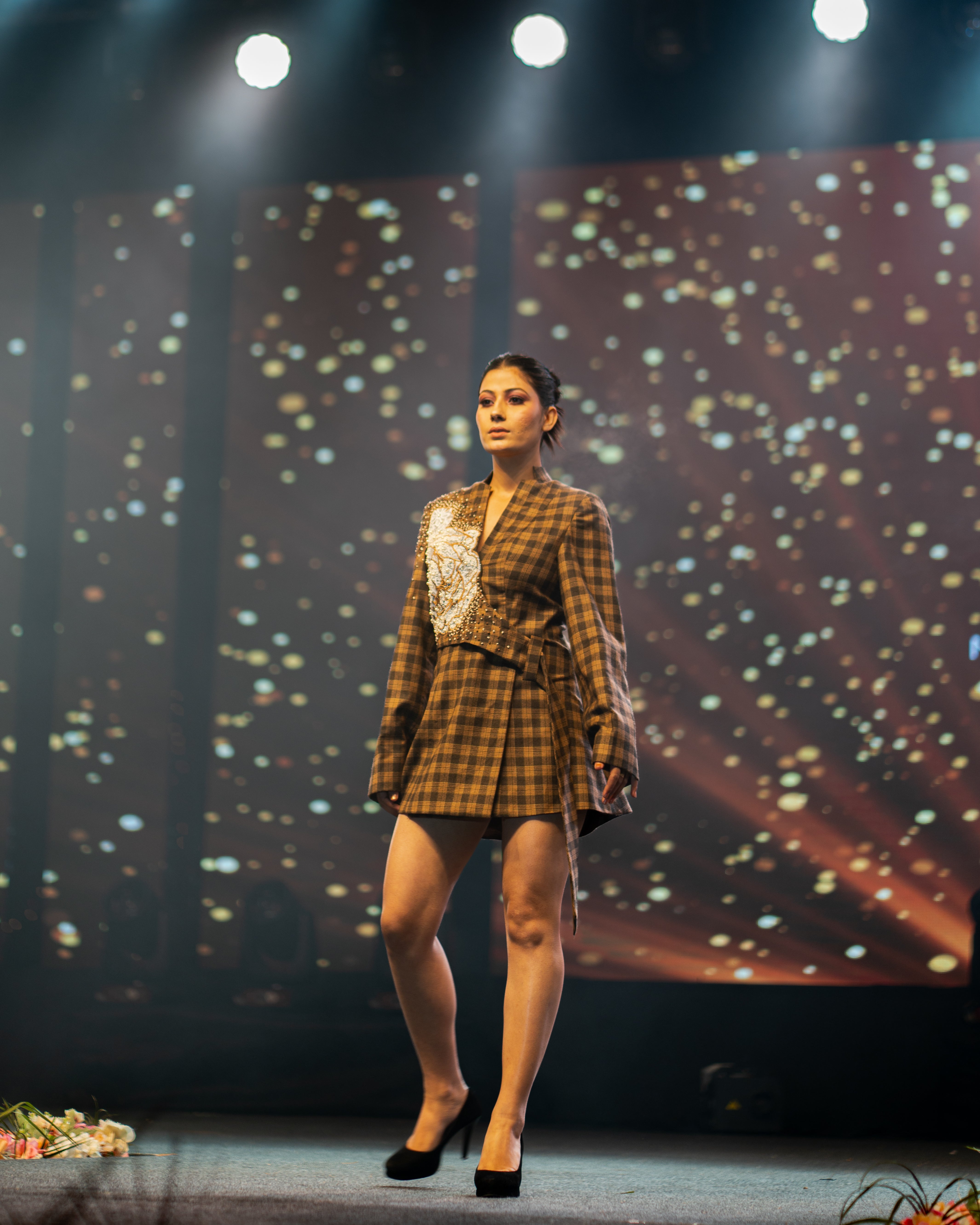Caramel Embroidered Wool Dress - Elegant Winter Evening Wear