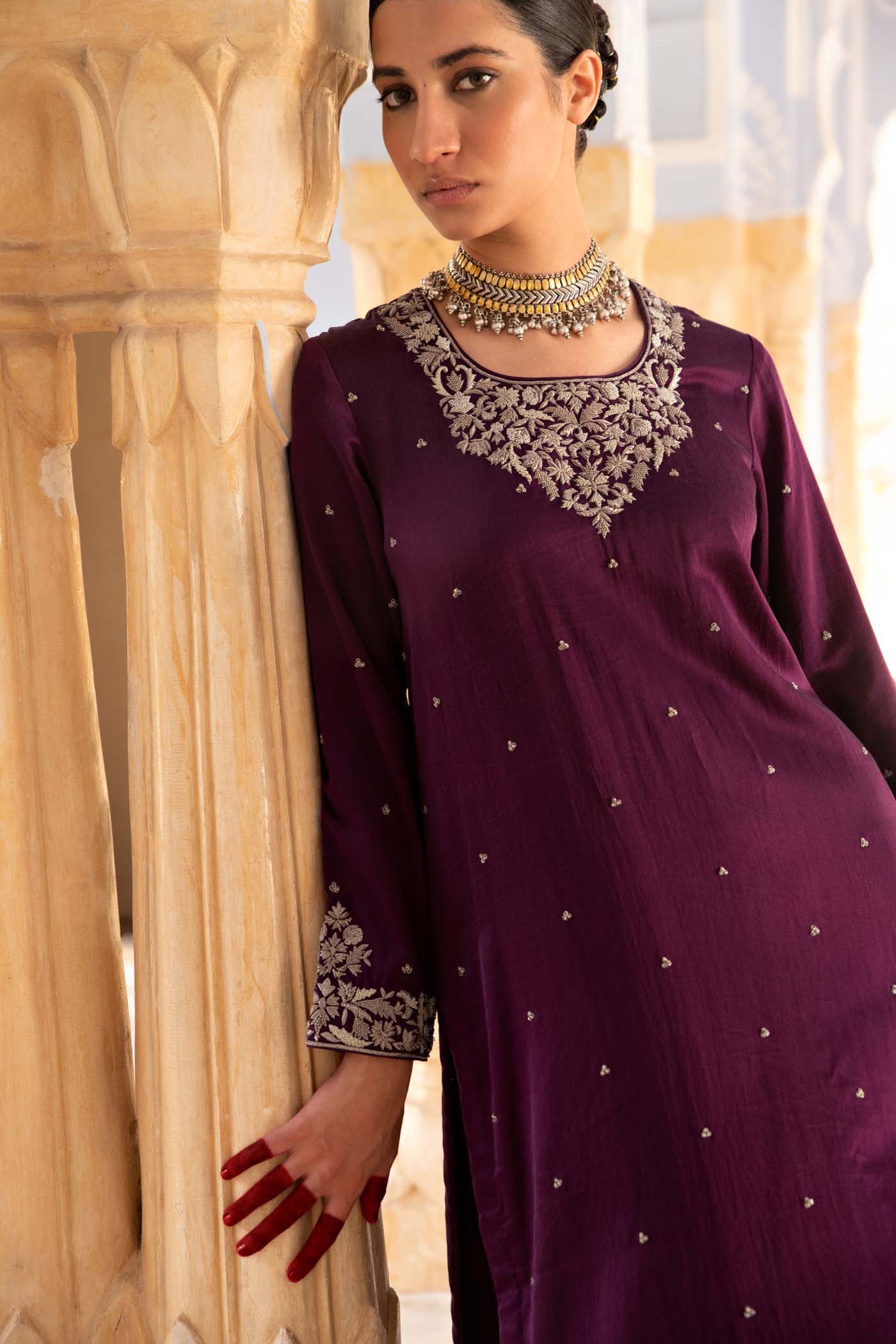Aubergine Hand-Embroidered Handloom Pure Mashru-Silk (Katan Silk & Cotton) Kurta-Pants Set
