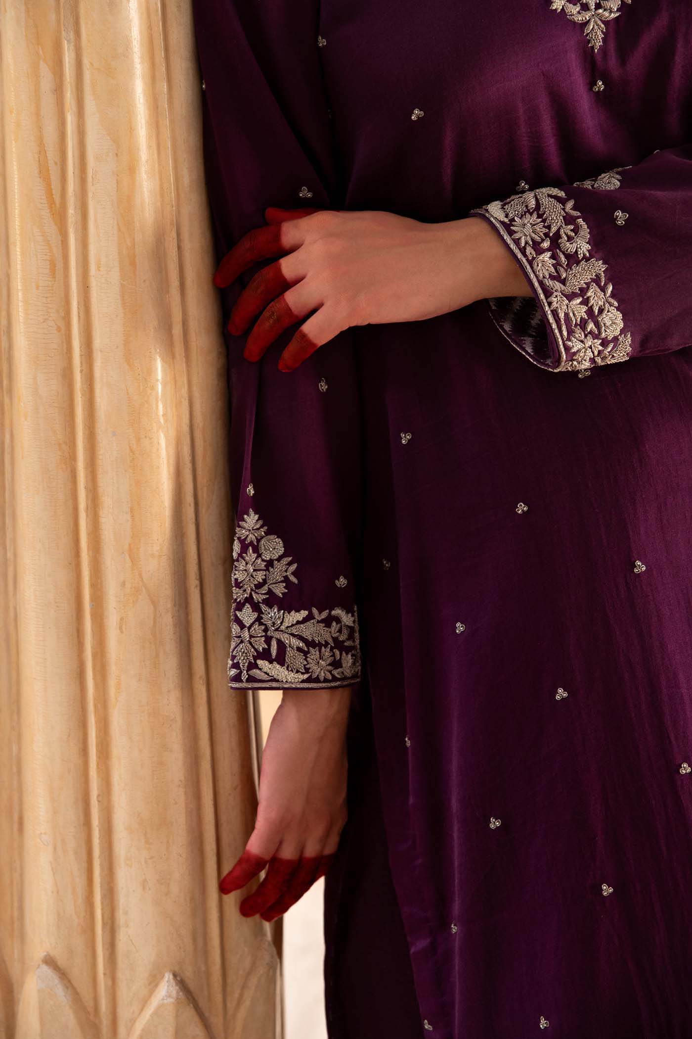 Aubergine Hand-Embroidered Handloom Pure Mashru-Silk (Katan Silk & Cotton) Kurta-Pants Set