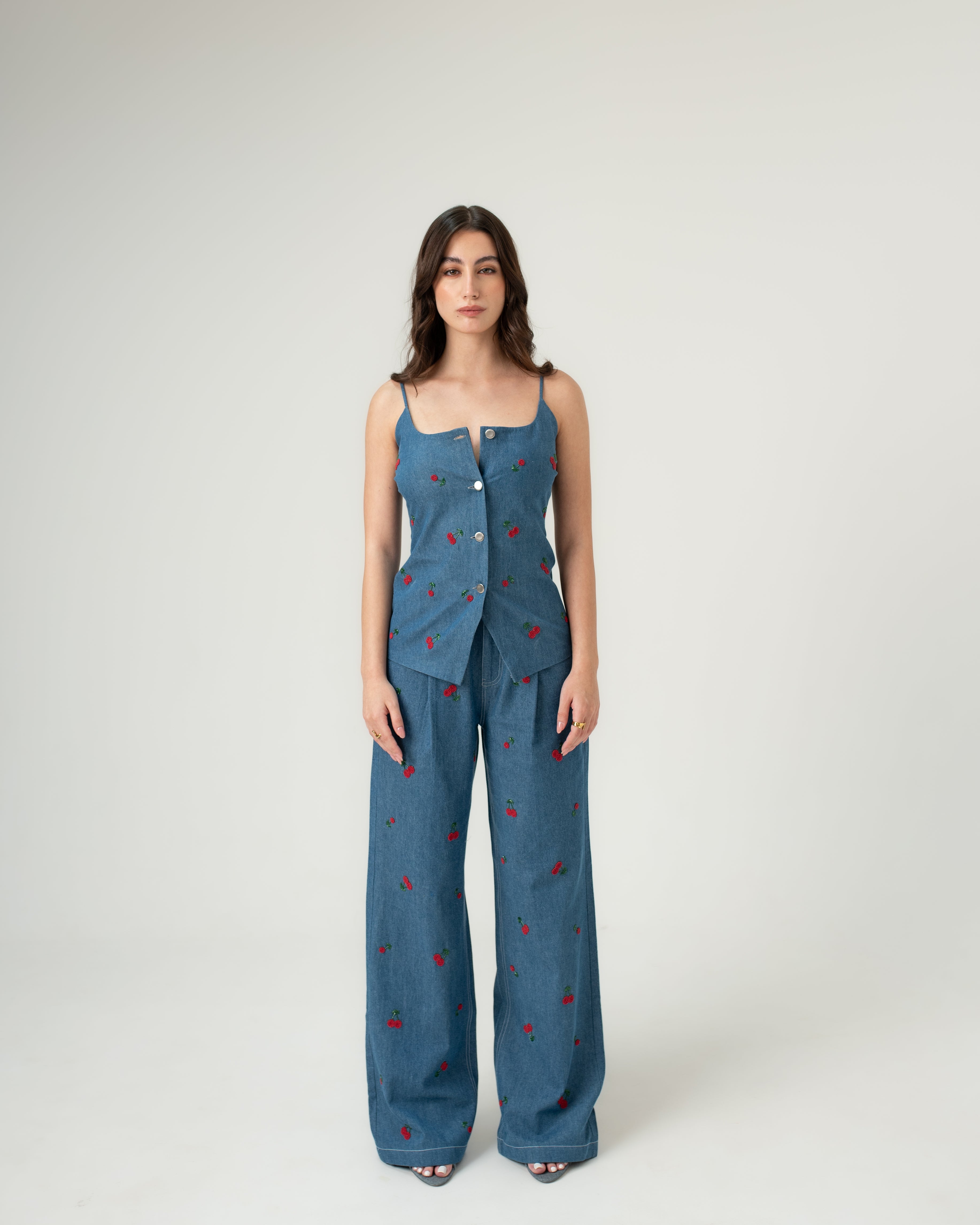 Cherry embroidered wide-leg trousers