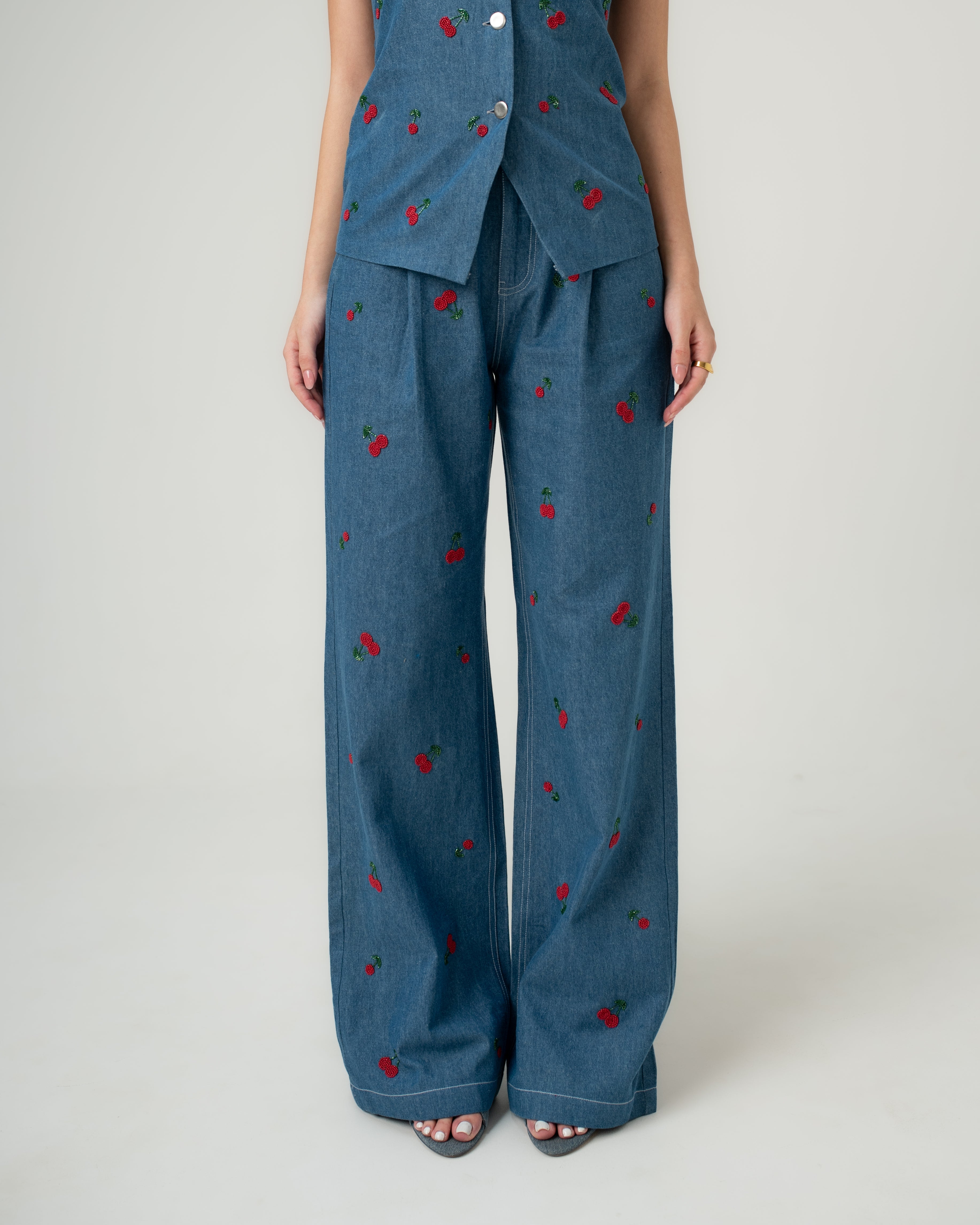 Cherry embroidered wide-leg trousers