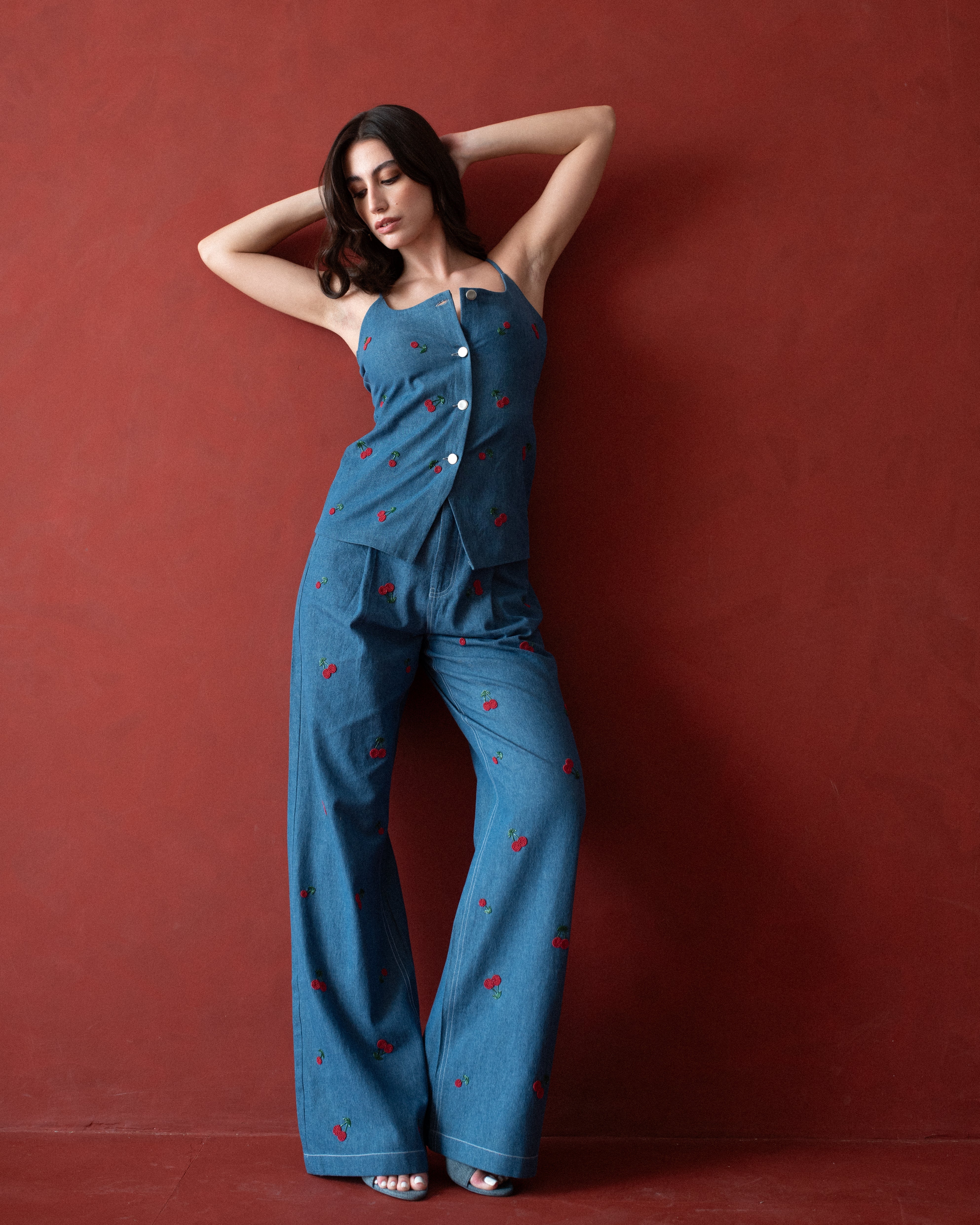 Cherry embroidered wide-leg trousers