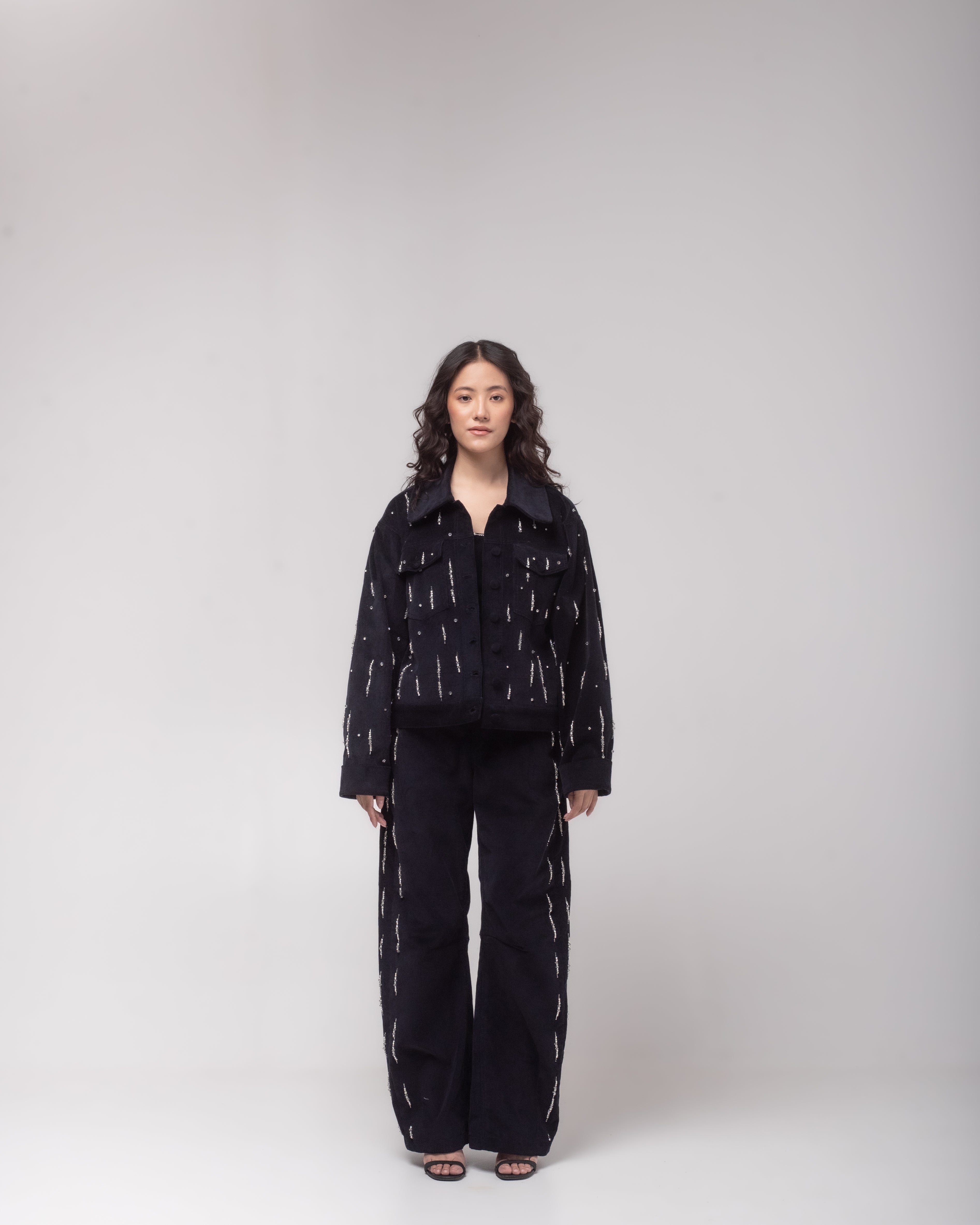 High-waisted embellished corduroy barrel trousers