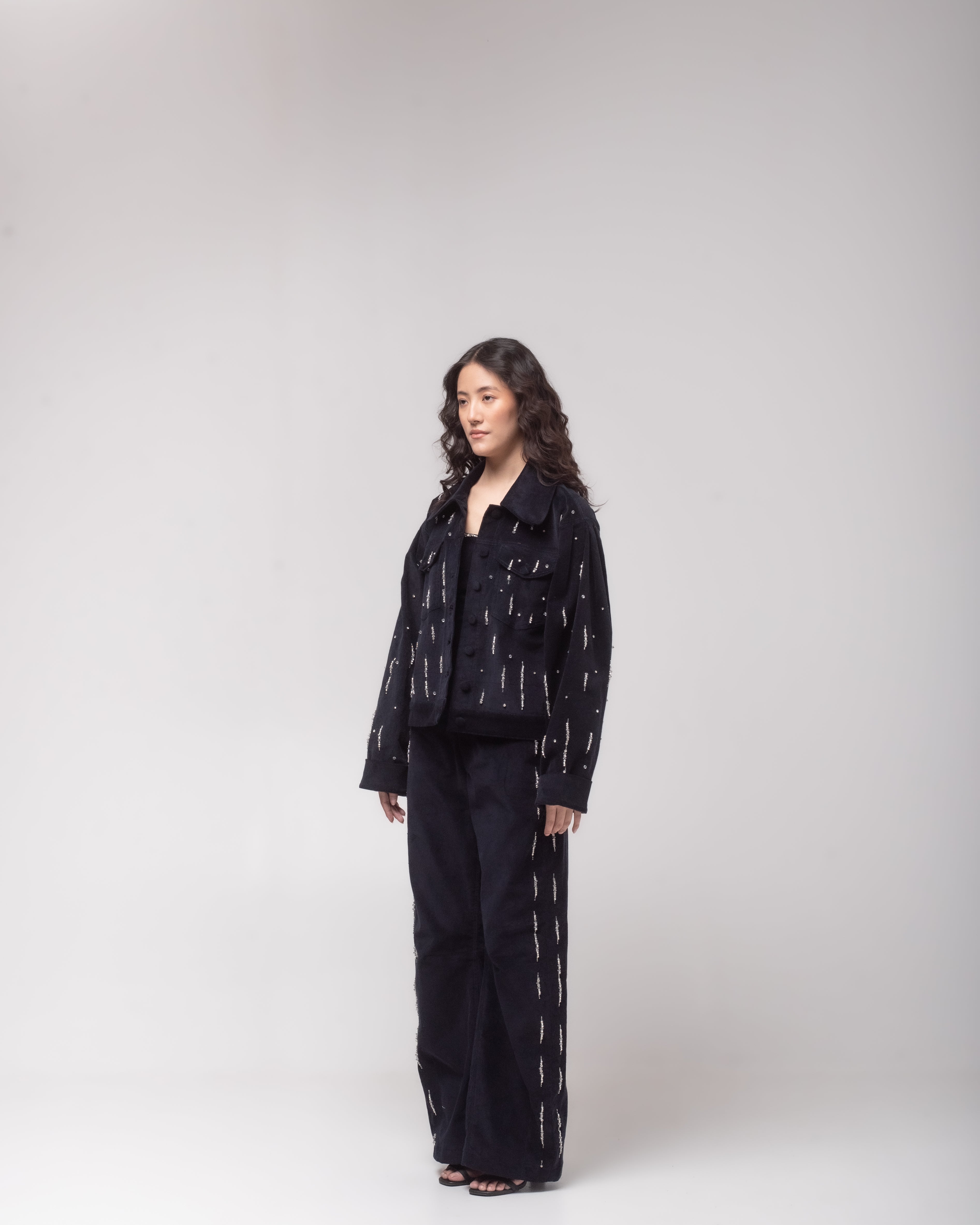 High-waisted embellished corduroy barrel trousers