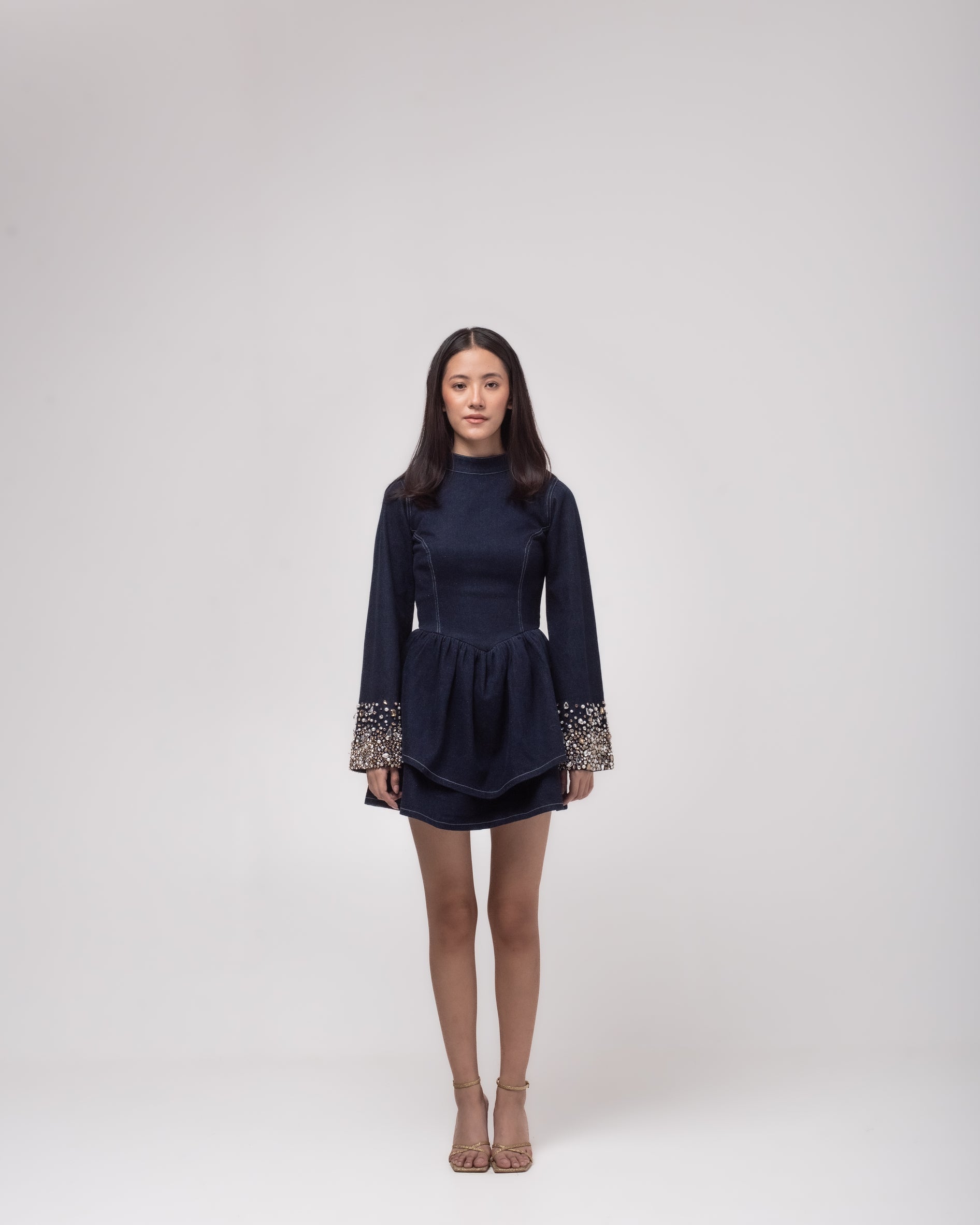 Denim mini dress with flared sleeves