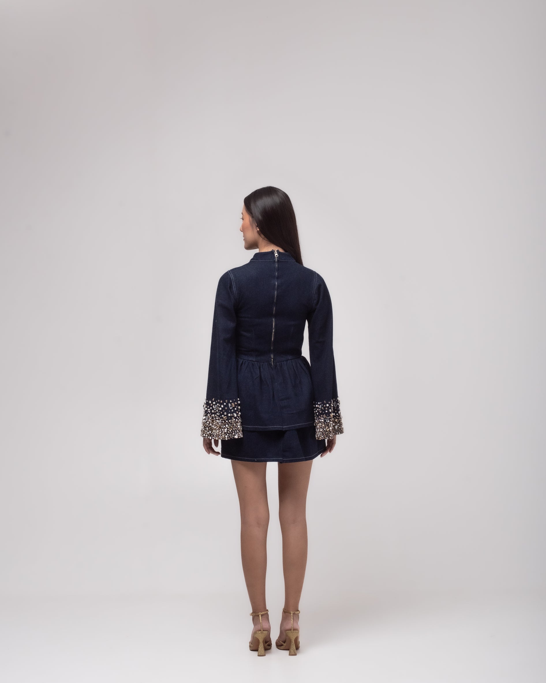 Denim mini dress with flared sleeves