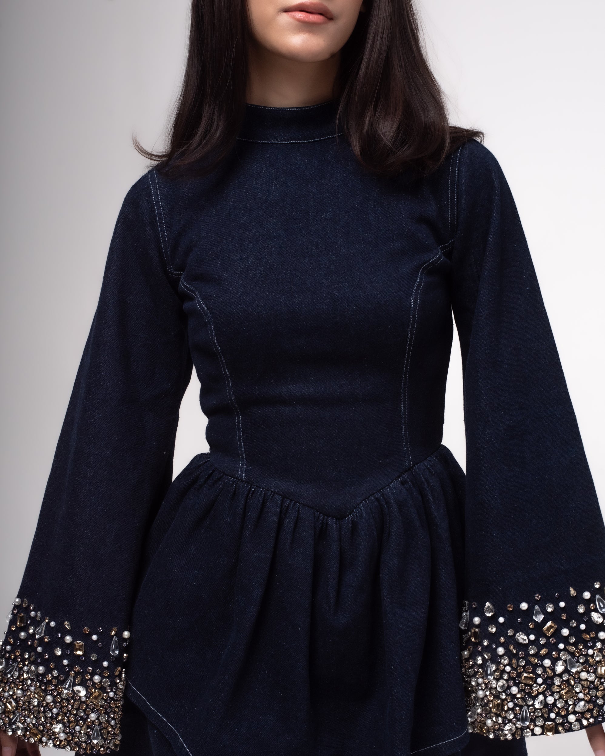 Denim mini dress with flared sleeves