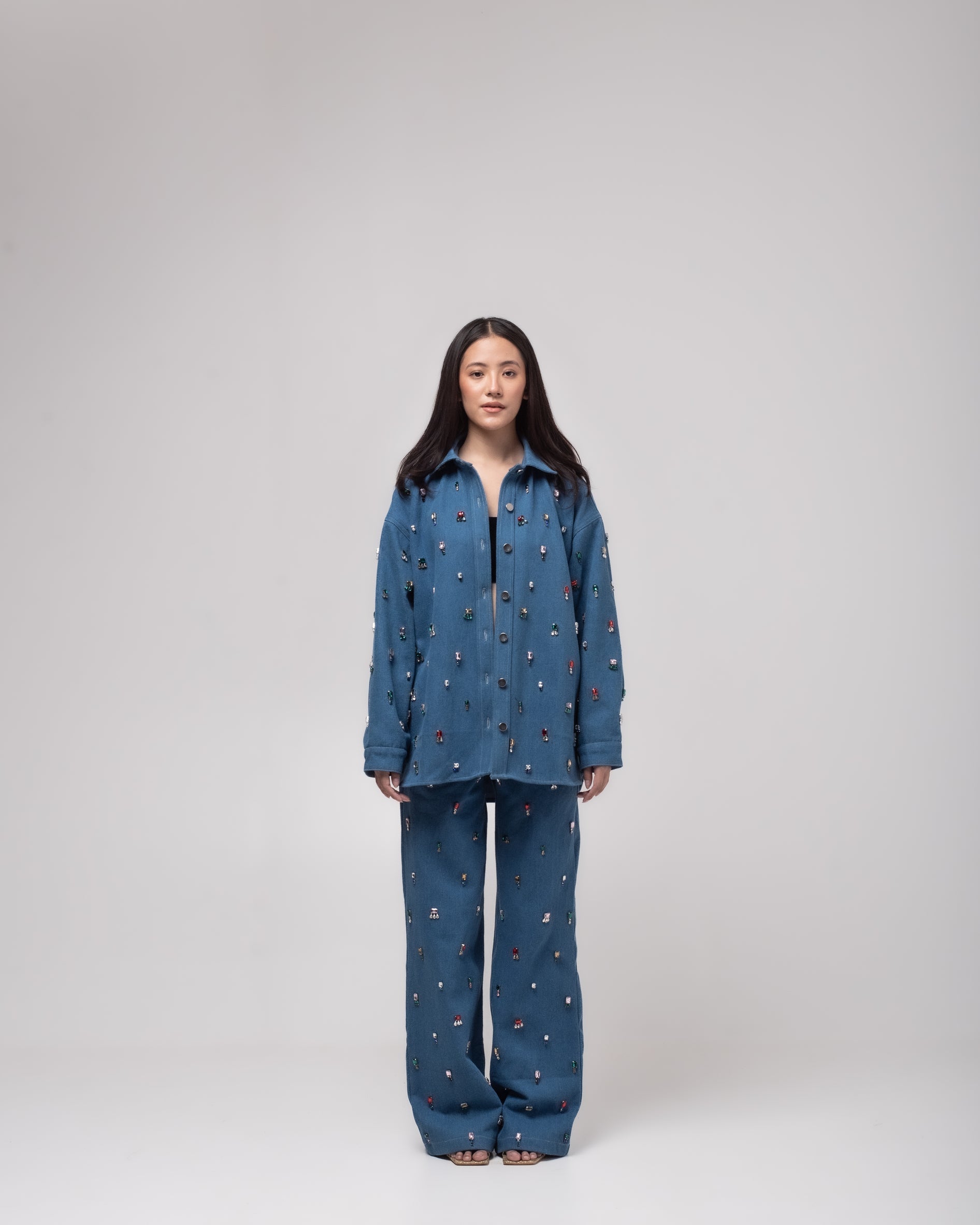 High-waisted straight denim jeans with multi-colour embellishing