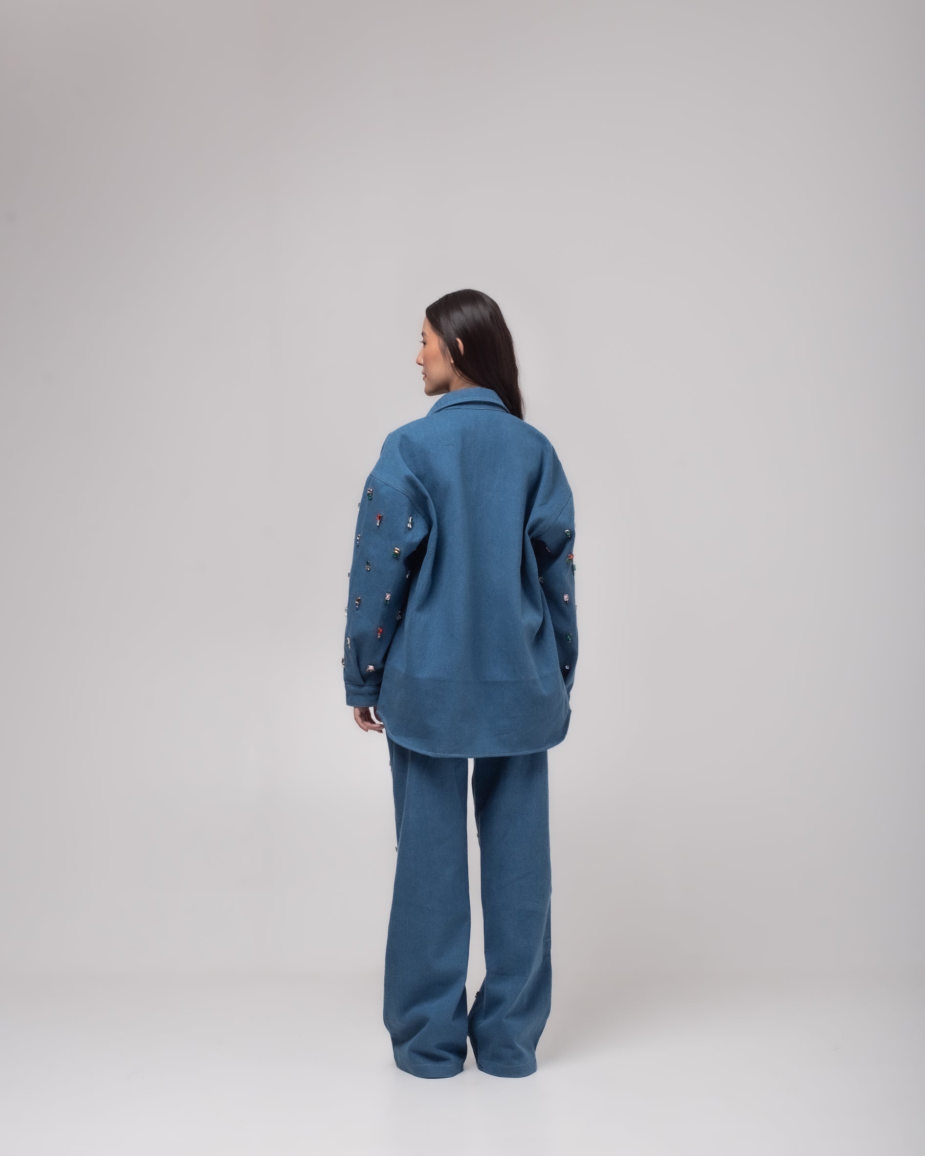 Oversized multi-colour embellished denim shirt