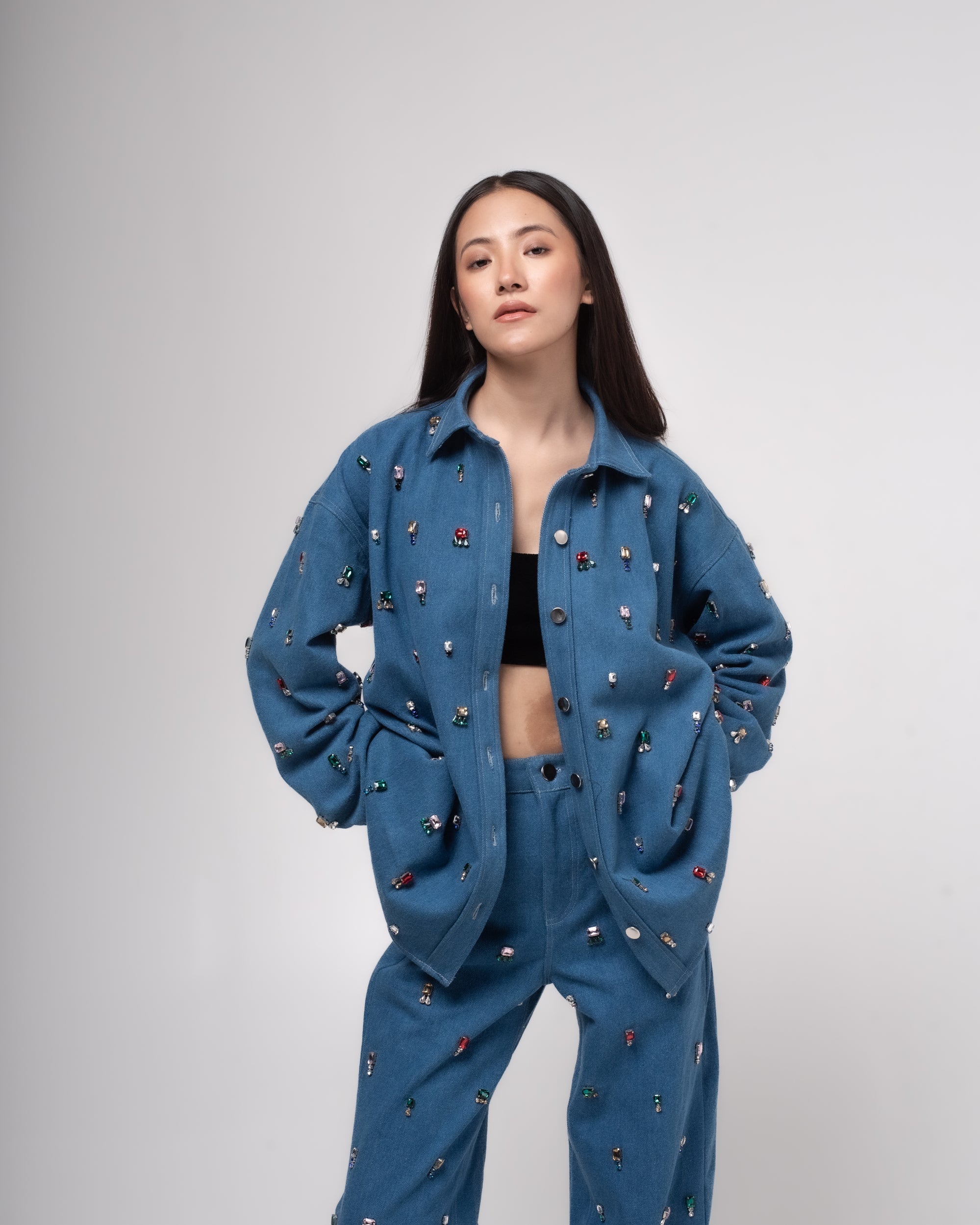 High-waisted straight denim jeans with multi-colour embellishing