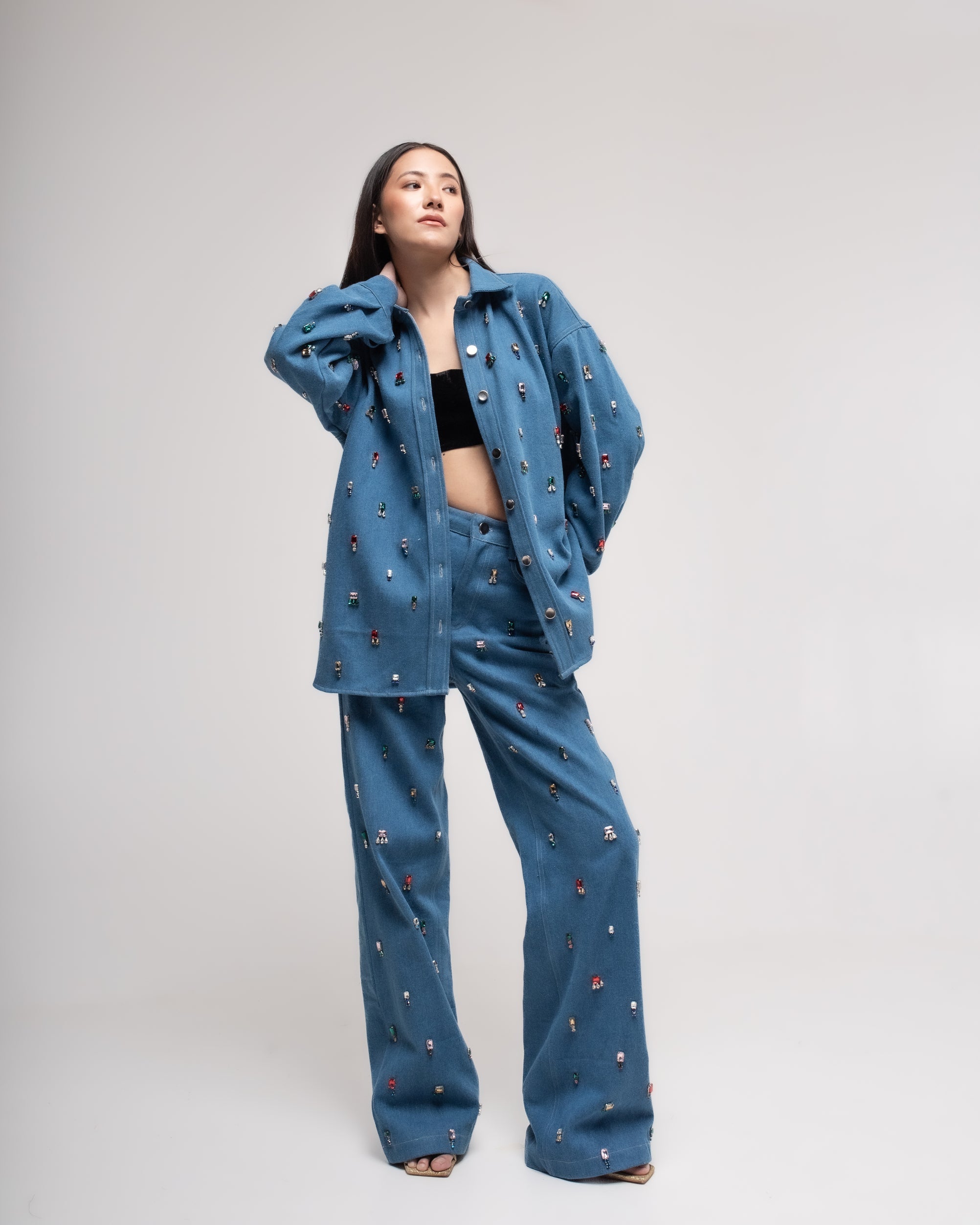 Oversized multi-colour embellished denim shirt