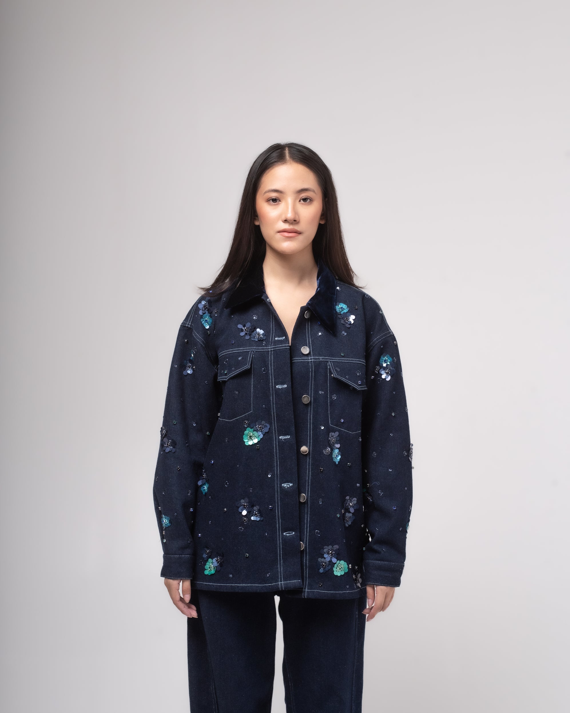 Embroidered denim jacket with silk-velvet collar