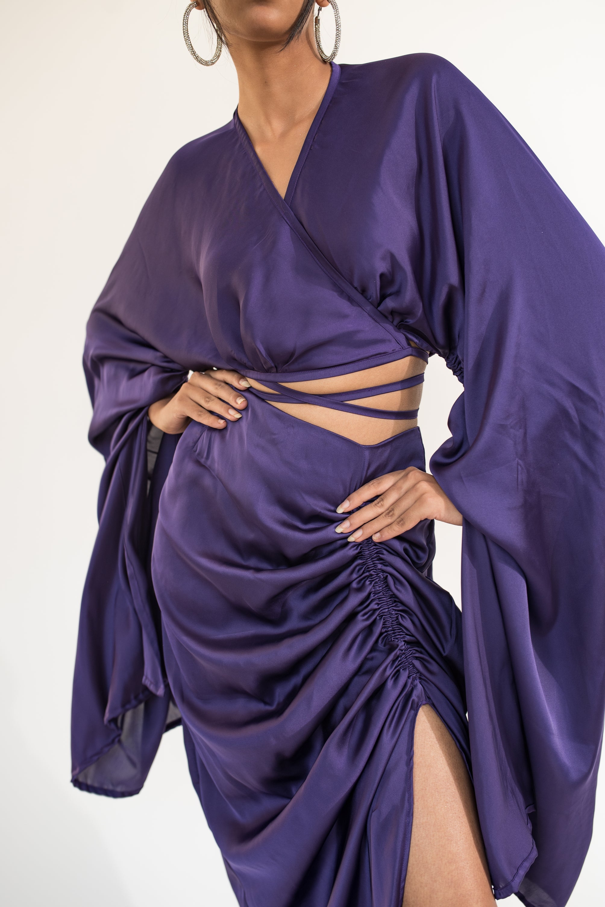 Asymmetric long-sleeved wrap top