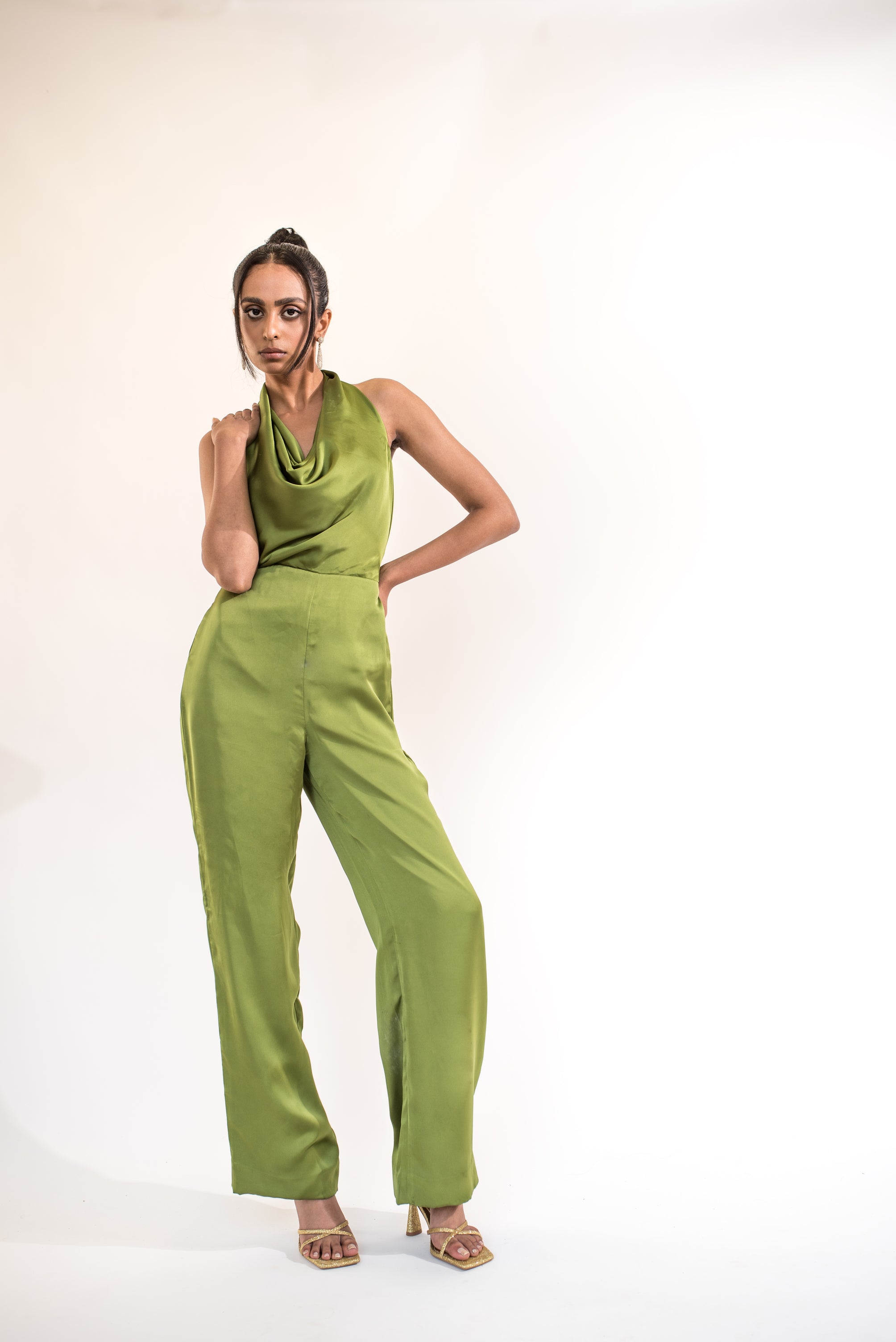 Cowl neck backless satin jumpsuit