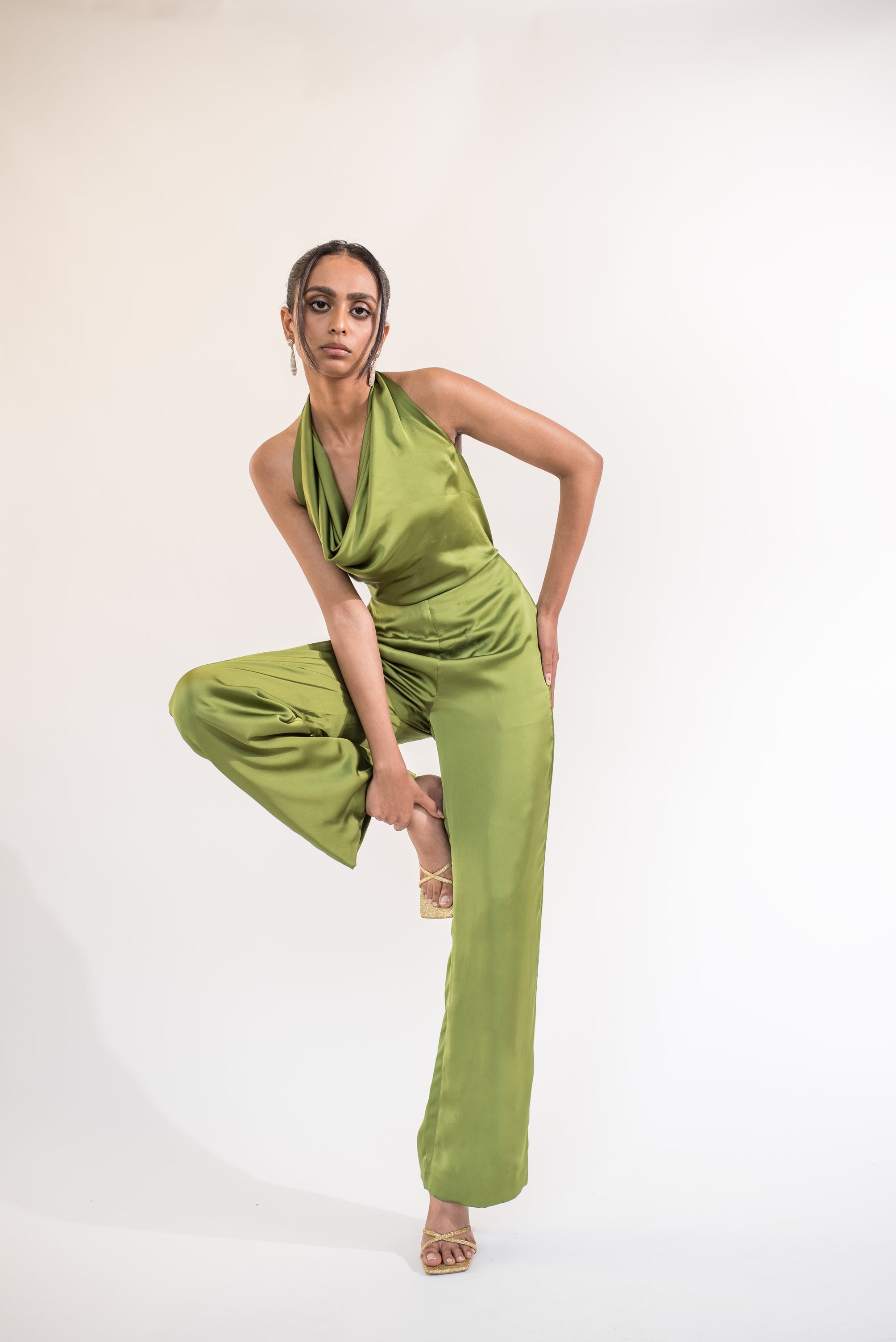 Cowl neck backless satin jumpsuit