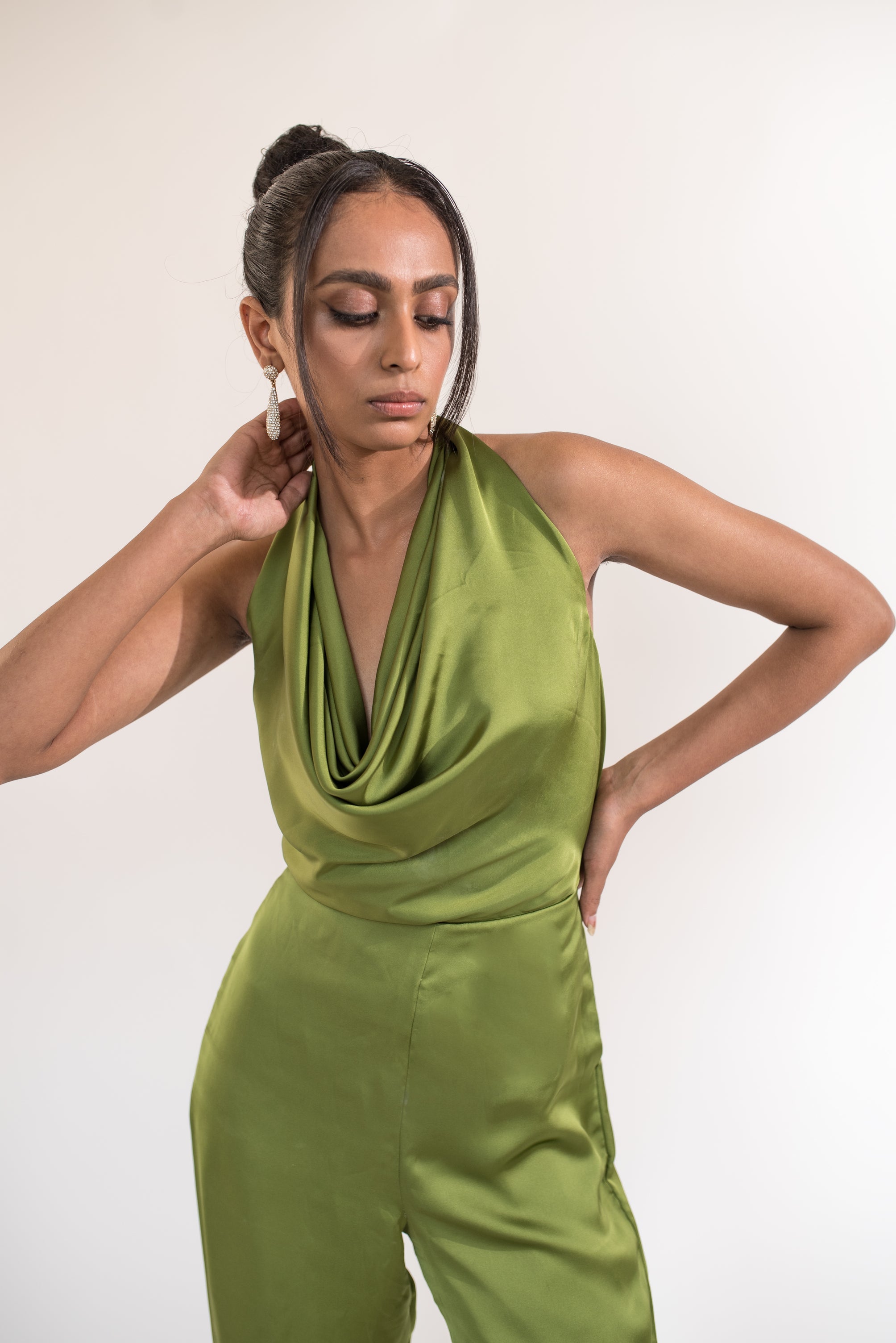 Cowl neck backless satin jumpsuit