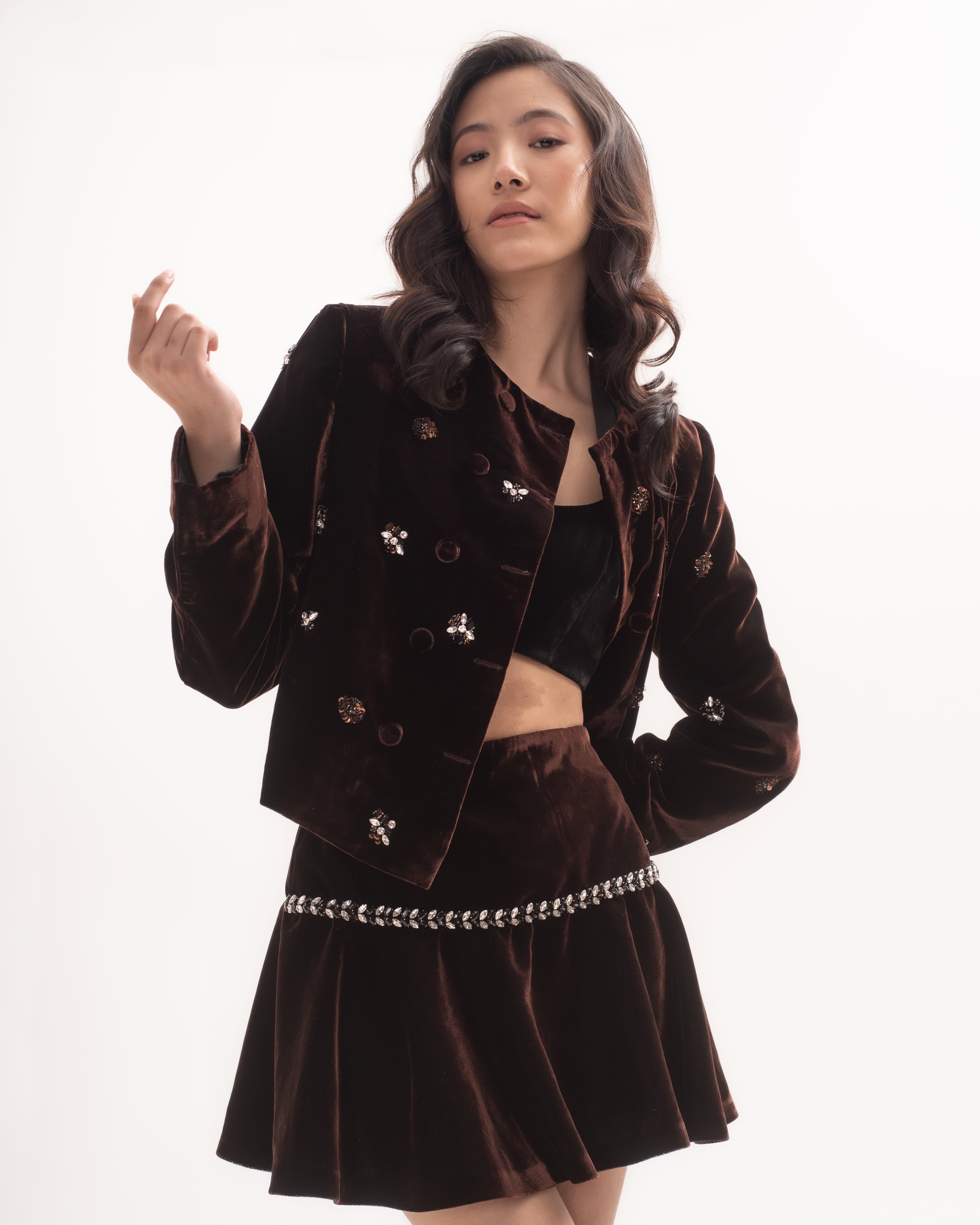 Silk-velvet double breasted jacket with embellishing