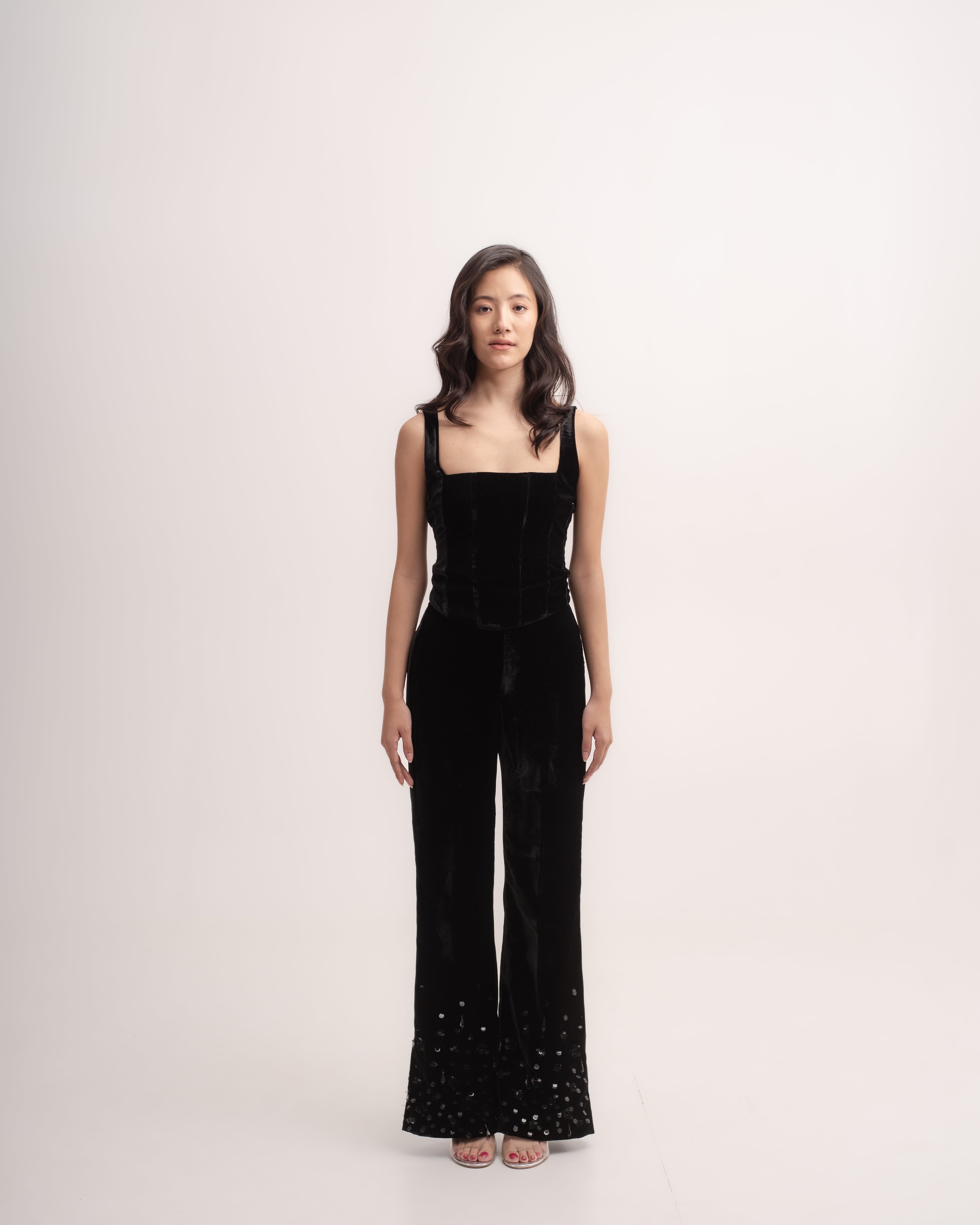Silk-velvet bootcut trousers with sequin embellishing