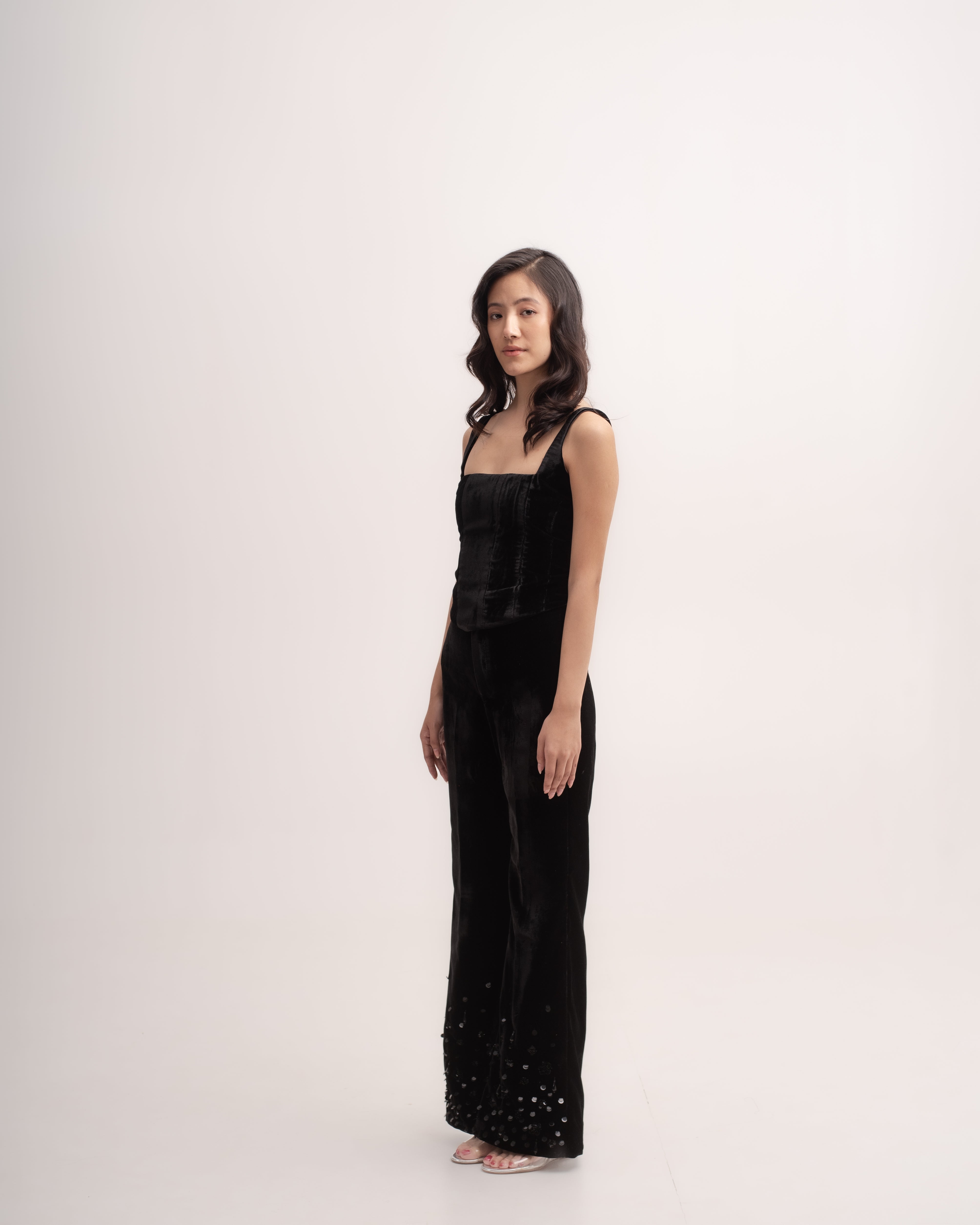 Silk-velvet bootcut trousers with sequin embellishing