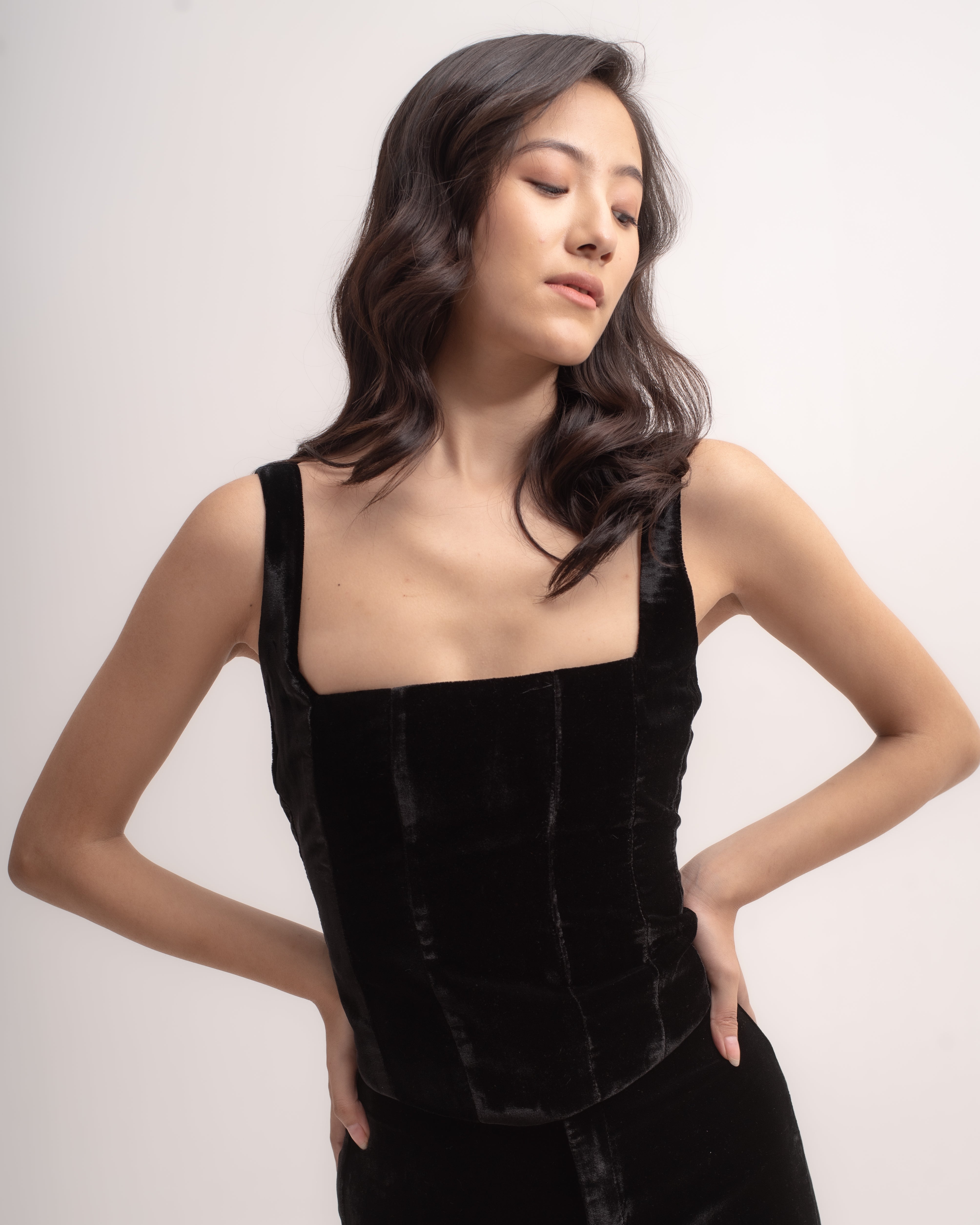 Silk-velvet tie back corset top