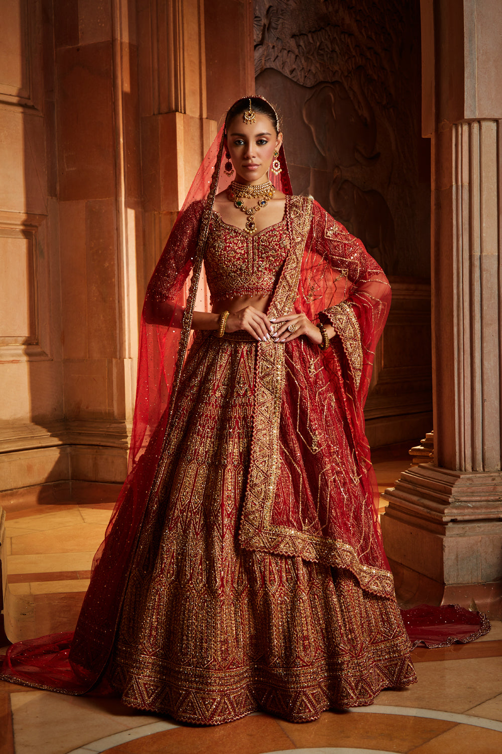 Deep Red Raw Silk Bridal Lehenga with Antique Zari & Dabka
