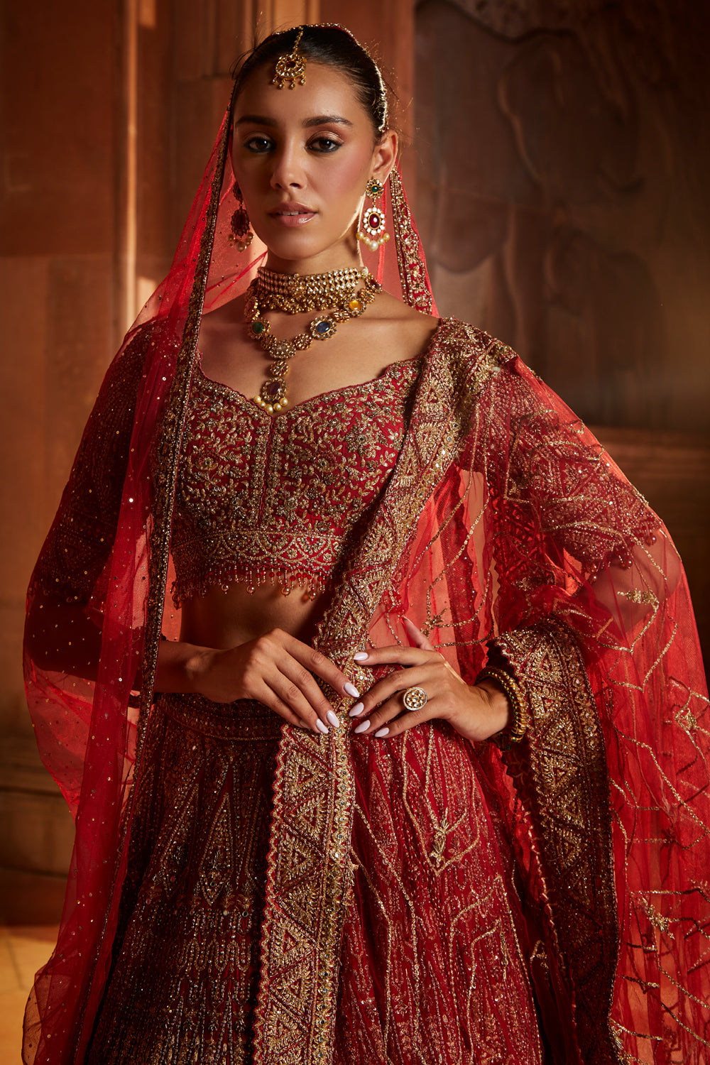Deep Red Raw Silk Bridal Lehenga with Antique Zari & Dabka