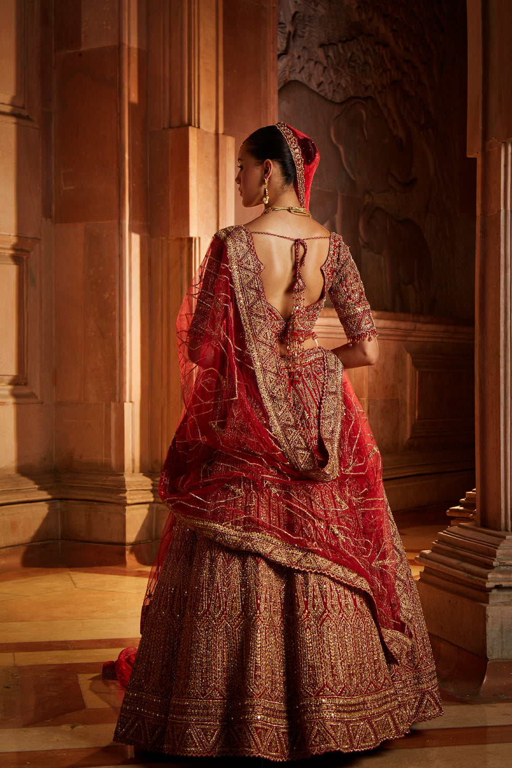 Deep Red Raw Silk Bridal Lehenga with Antique Zari & Dabka