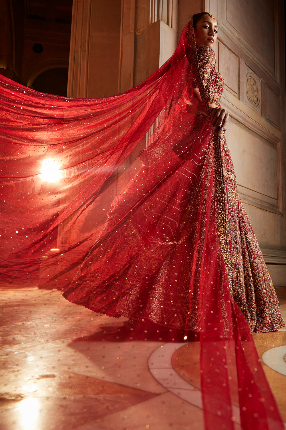 Deep Red Raw Silk Bridal Lehenga with Antique Zari & Dabka