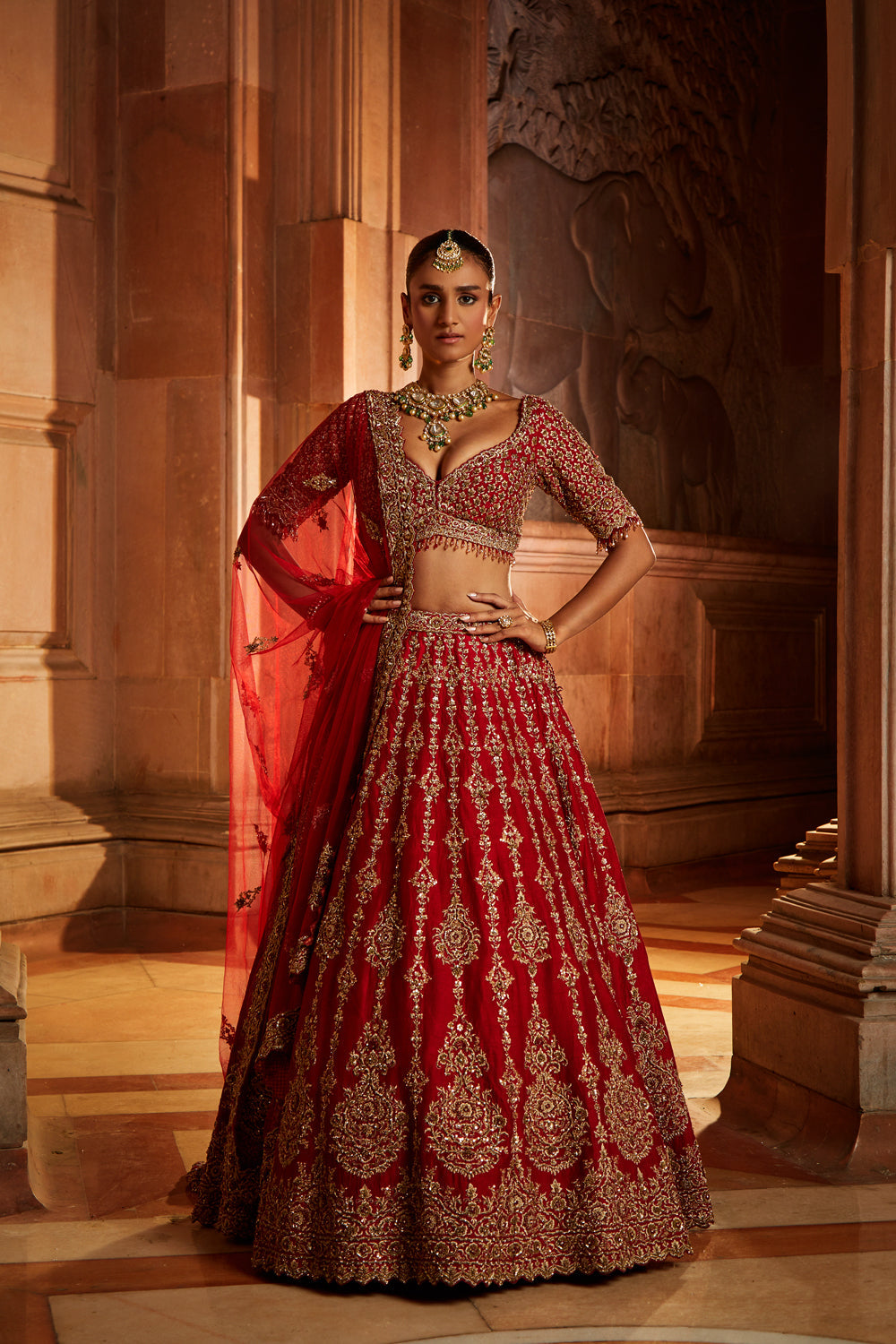Deep Red Raw Silk Bridal Lehenga Choli with Zari Work