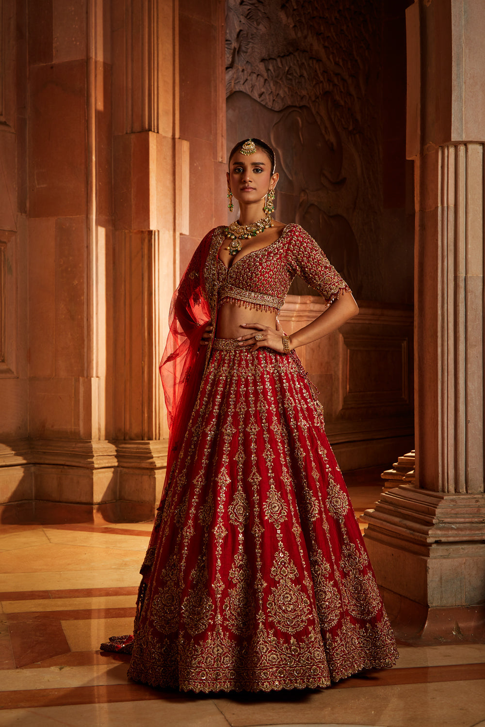 Deep Red Raw Silk Bridal Lehenga Choli with Zari Work