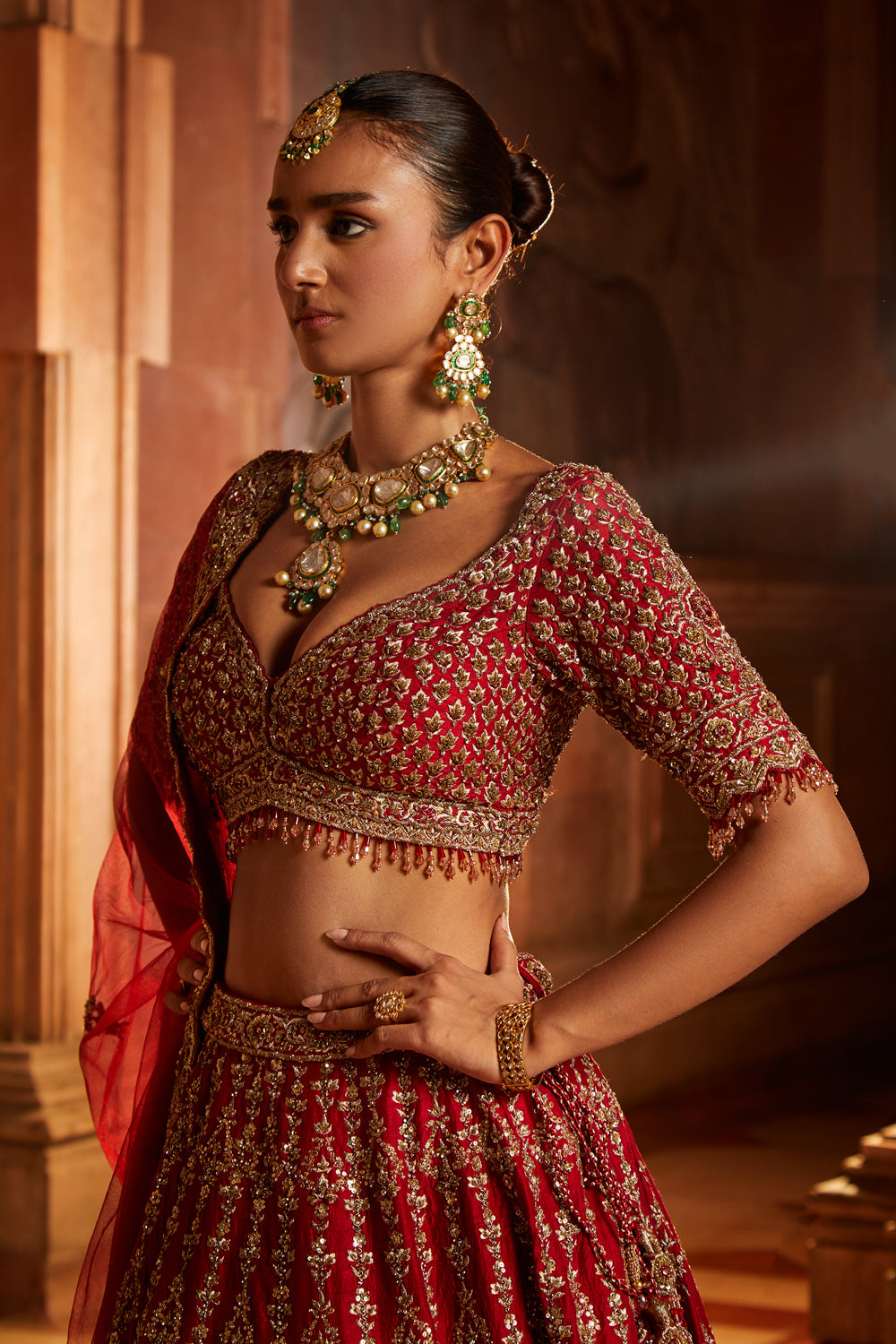 Deep Red Raw Silk Bridal Lehenga Choli with Zari Work