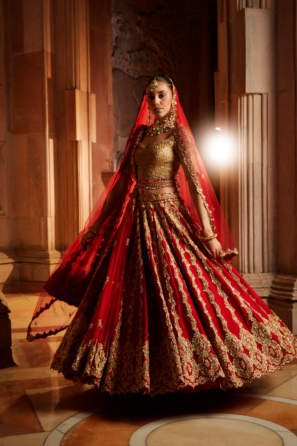 Deep Red Raw Silk Lehenga with Gold Choli & Tulle Dupatta